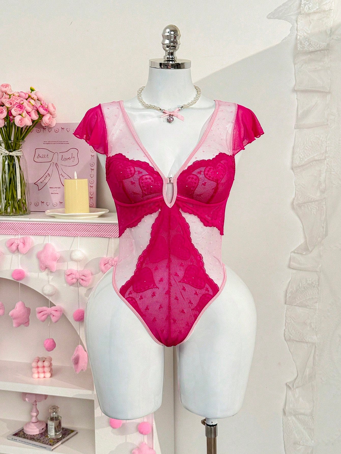 Sexy Heart Dot Mesh Hollow-Out Lace Patchwork Women's Lingerie Jumpsuit