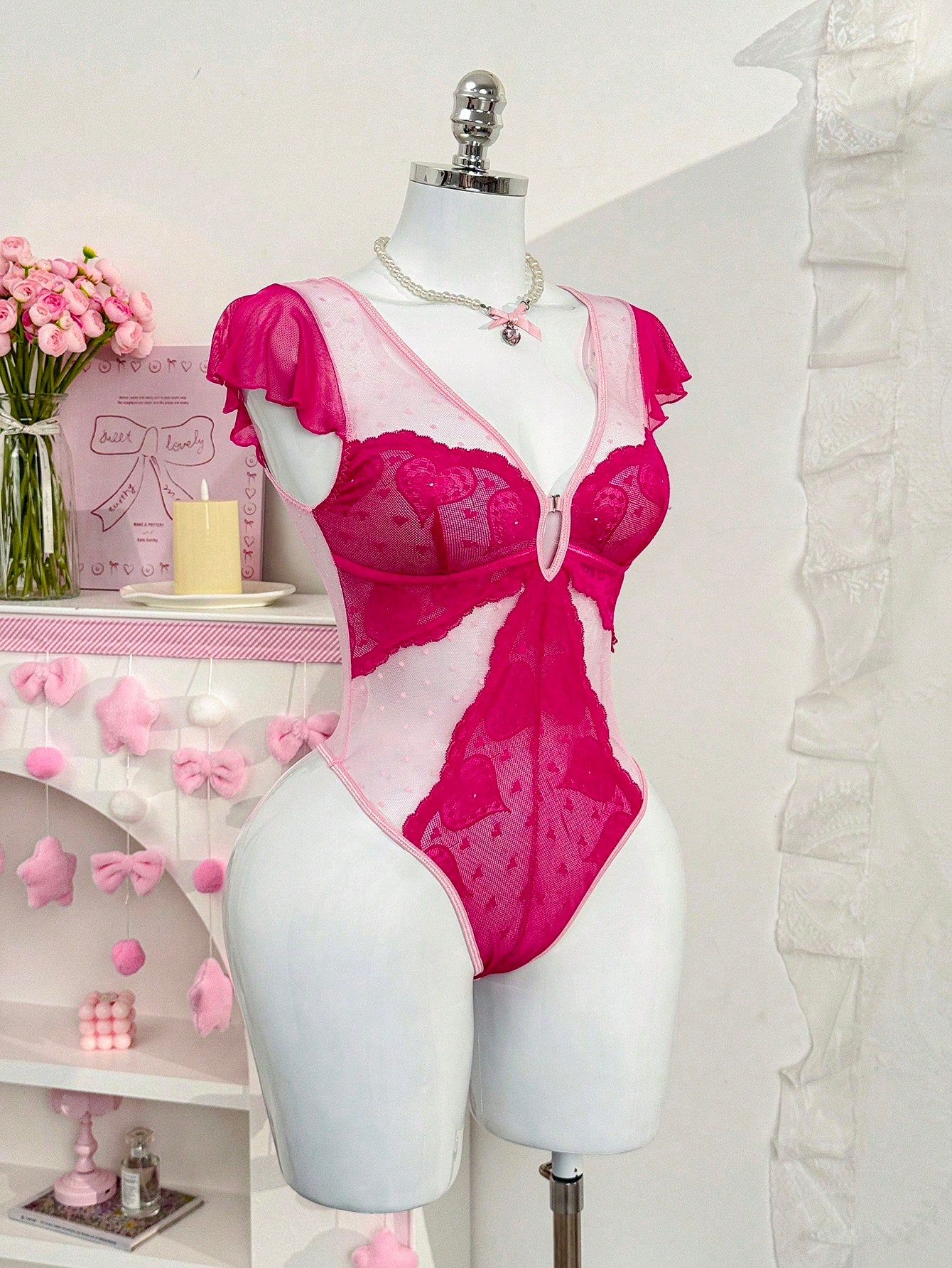 Sexy Heart Dot Mesh Hollow-Out Lace Patchwork Women's Lingerie Jumpsuit