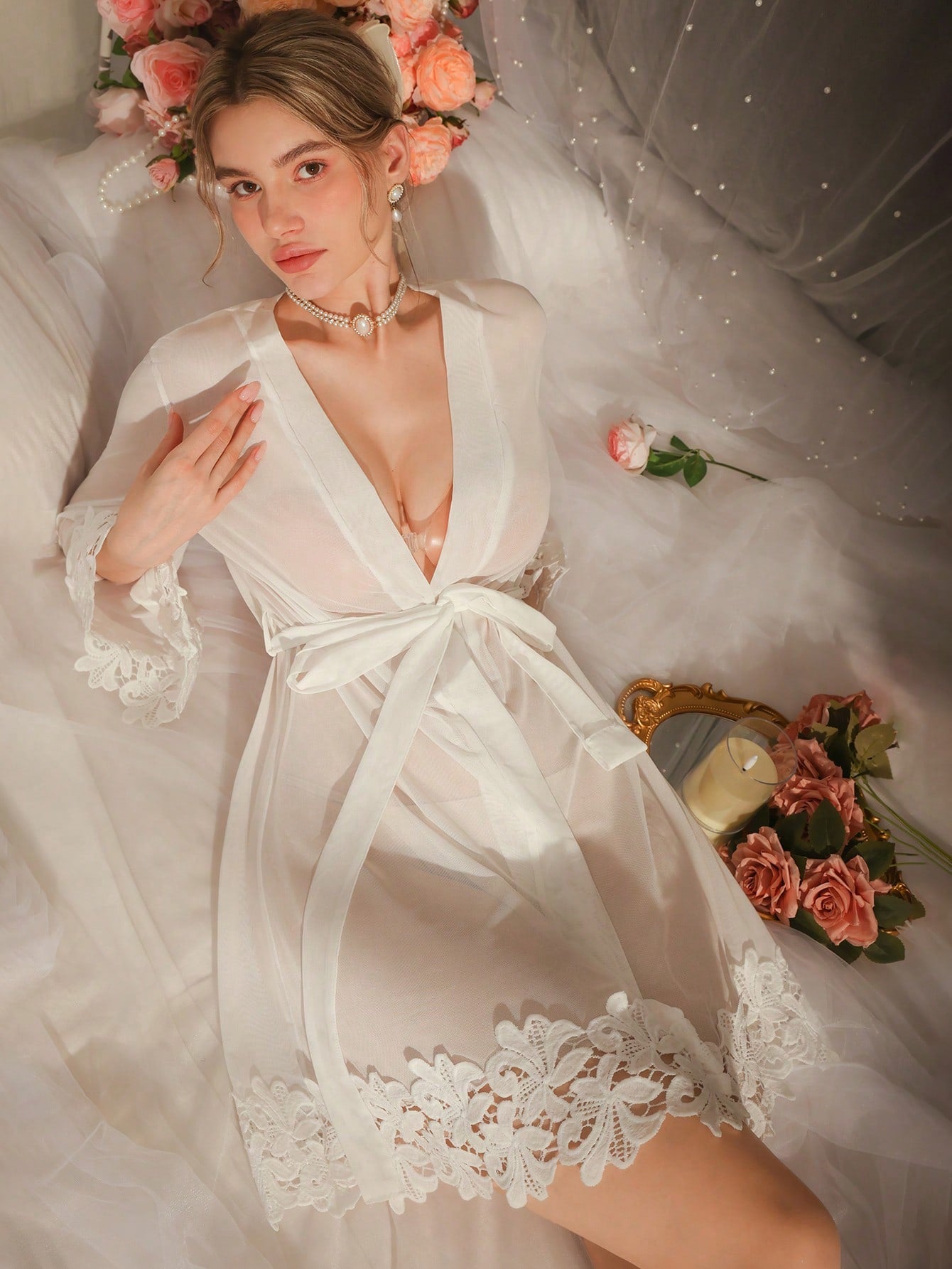 Women's French Elegant Romantic Hollow Floral Lace Patchwork Sheer Mesh Robe