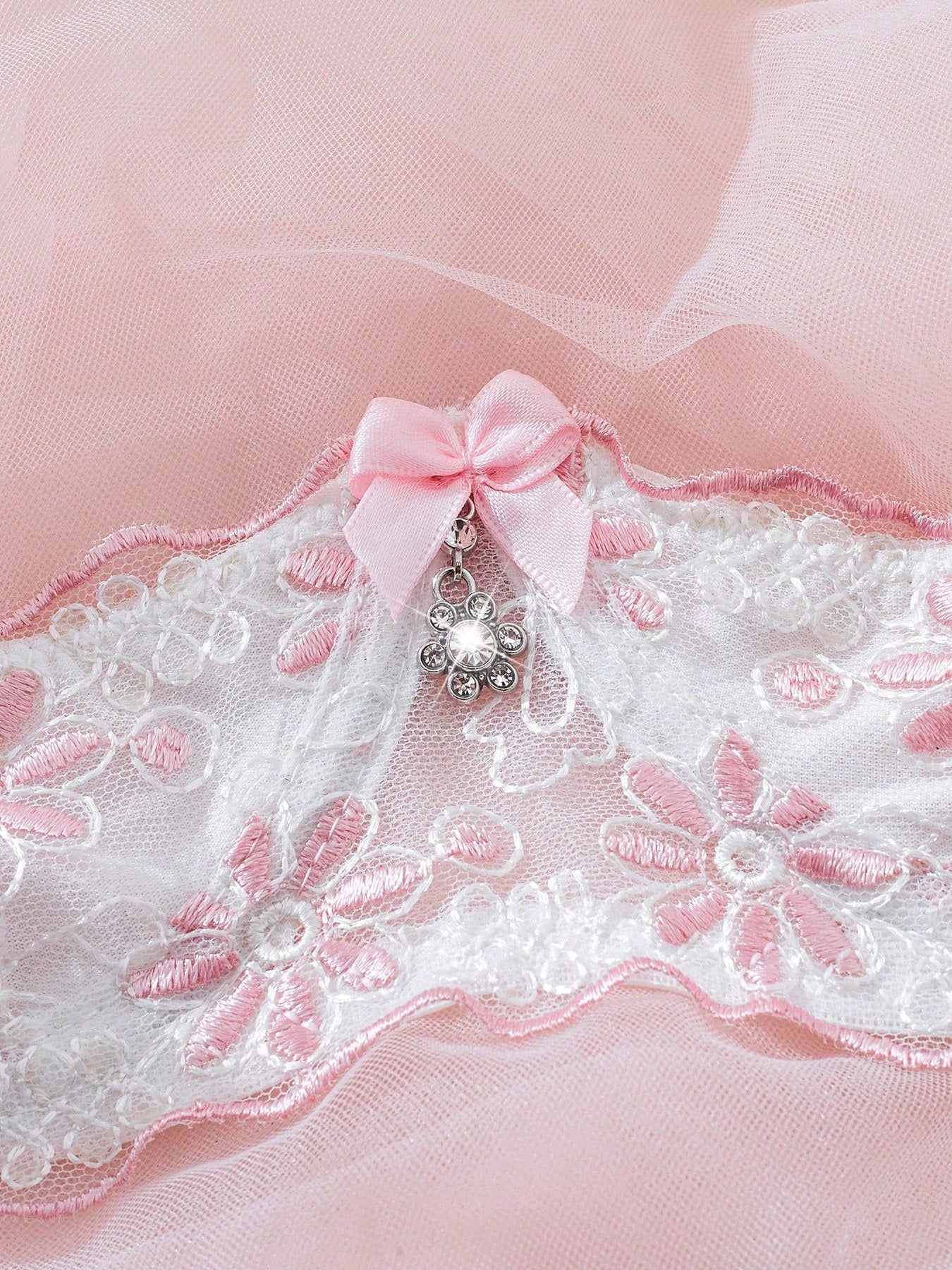 Light pink and white embroidered two-piece lingerie set with underwire 1/2 cup bra and matching panty