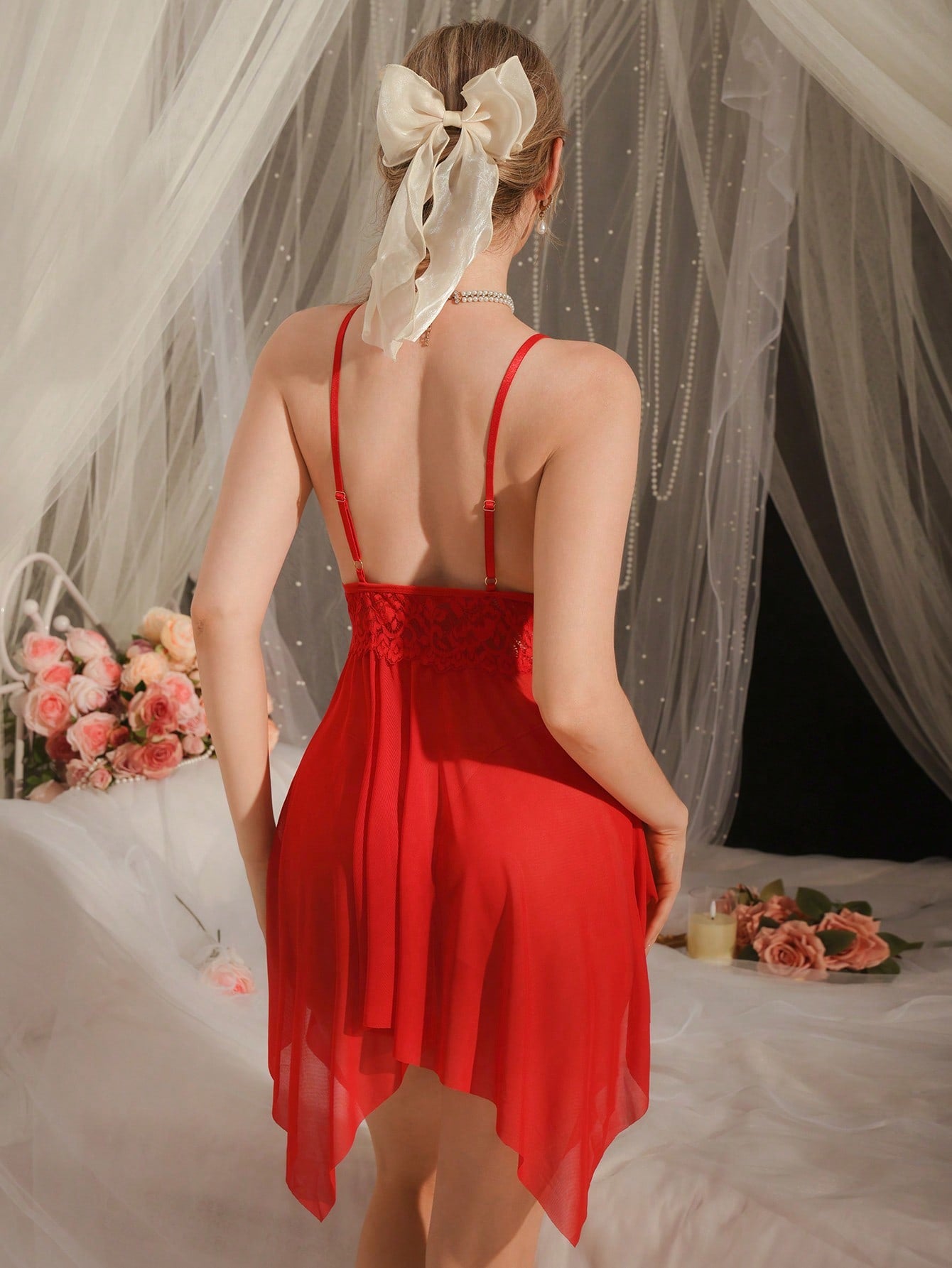 Women's Sleeveless Nightgown With Spaghetti Straps, Lace Patchwork And Bow Decor, Solid Color Sexy
