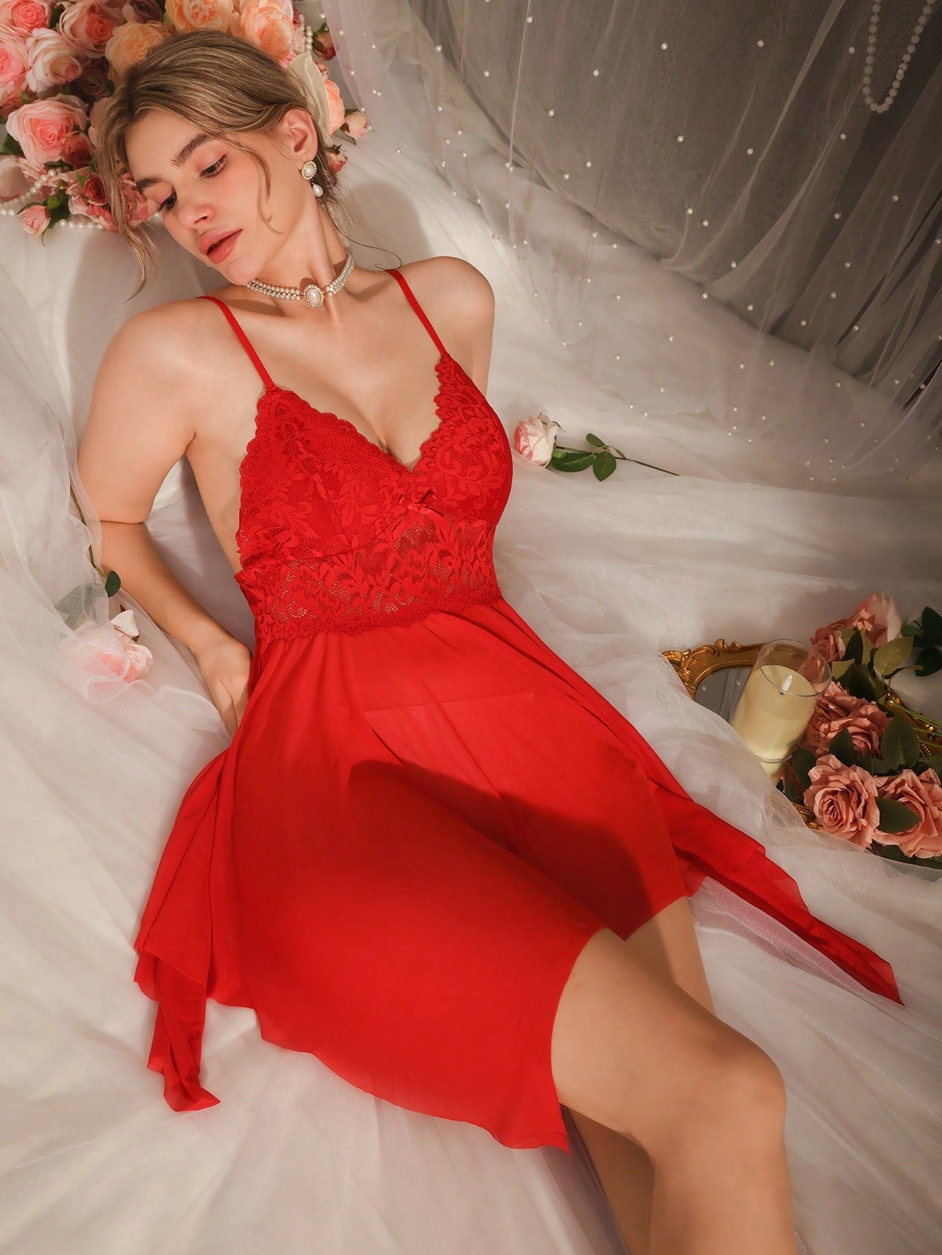 Women's Sleeveless Nightgown With Spaghetti Straps, Lace Patchwork And Bow Decor, Solid Color Sexy