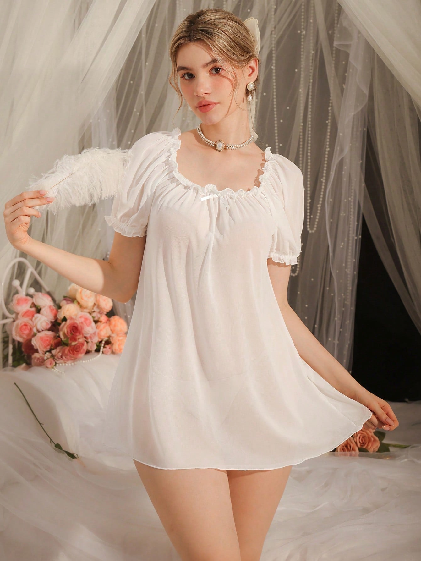 Women's Solid Color Frill Trim Front Tie Short Sleeve Nightgown