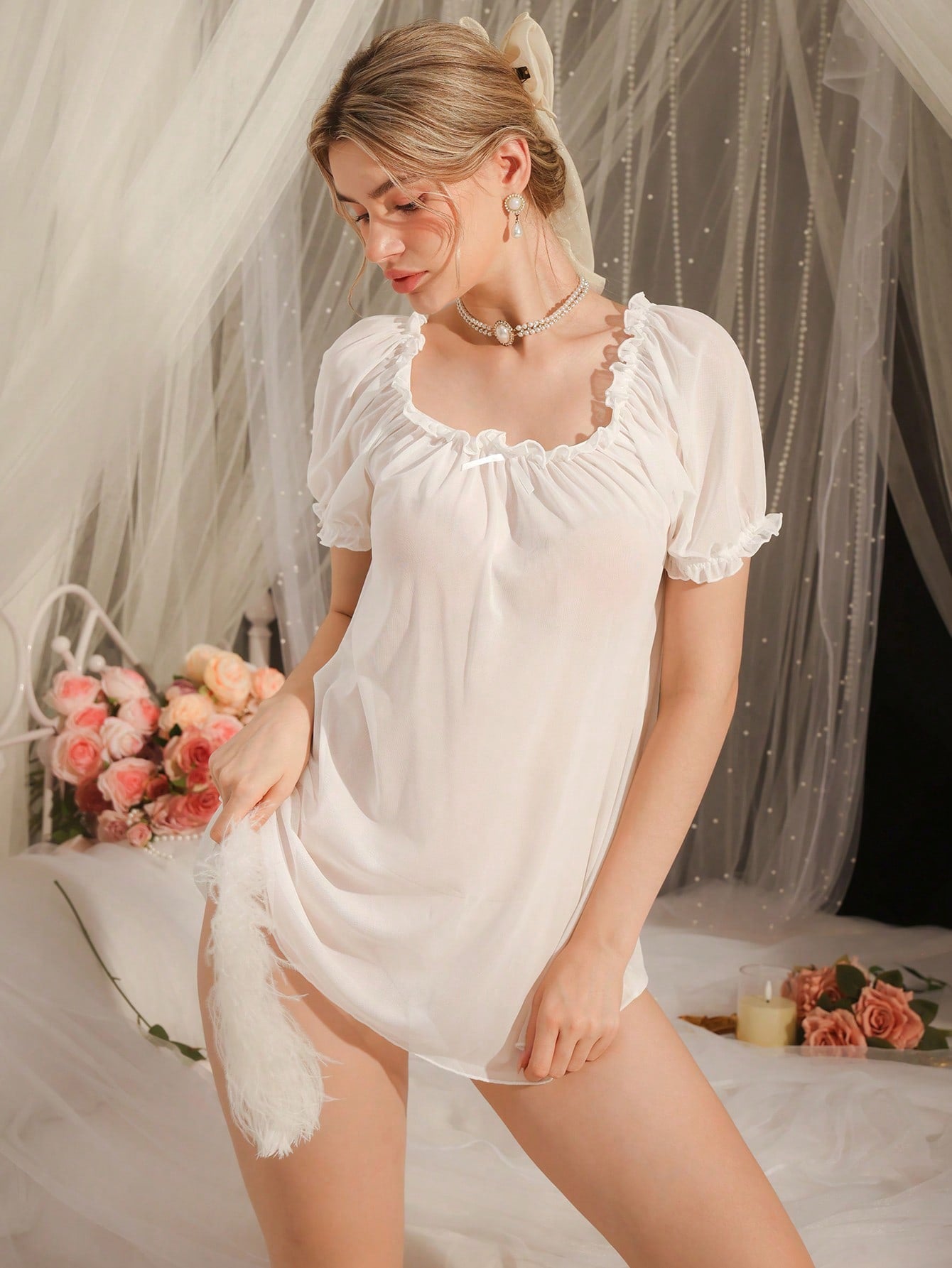 Women's Solid Color Frill Trim Front Tie Short Sleeve Nightgown