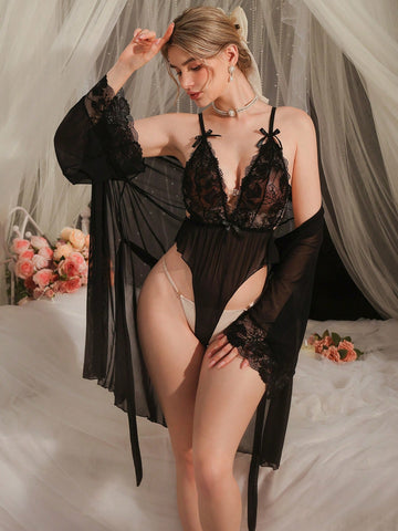 2pcs Black Lace Patchwork Deep V Sheer Elegant Romantic Lingerie Set - Jumpsuit + Robe