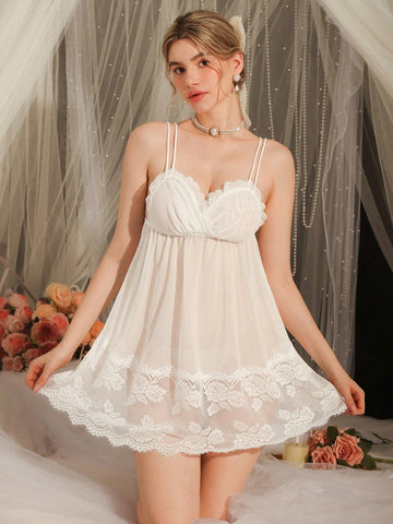 White Mesh Splice A-Line Hem Deep V Neck Ruffle Sheer Elegant Charming Romantic Ladies Nightgown