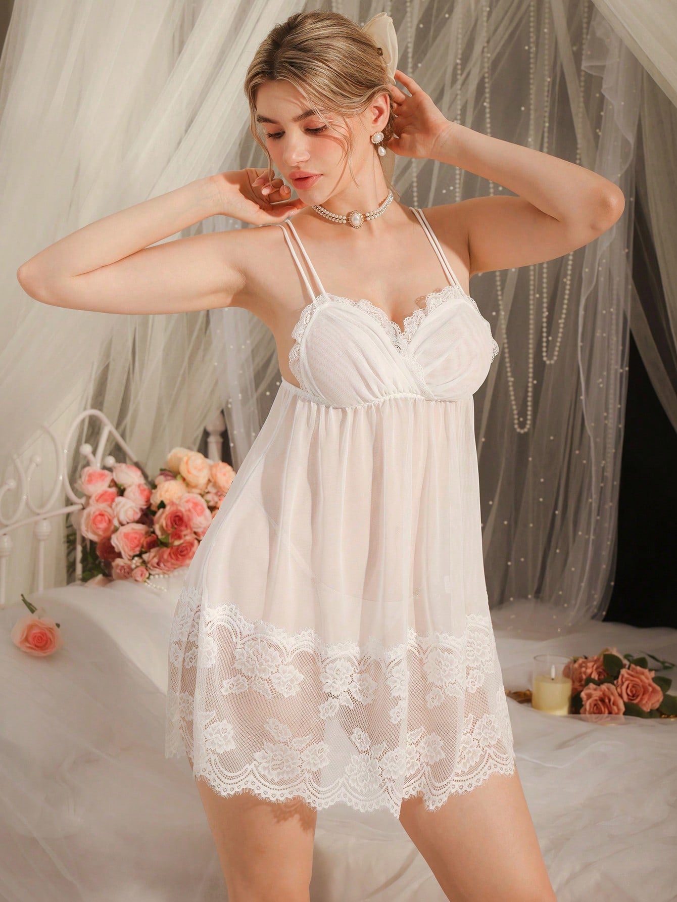 White Mesh Splice A-Line Hem Deep V Neck Ruffle Sheer Elegant Charming Romantic Ladies Nightgown