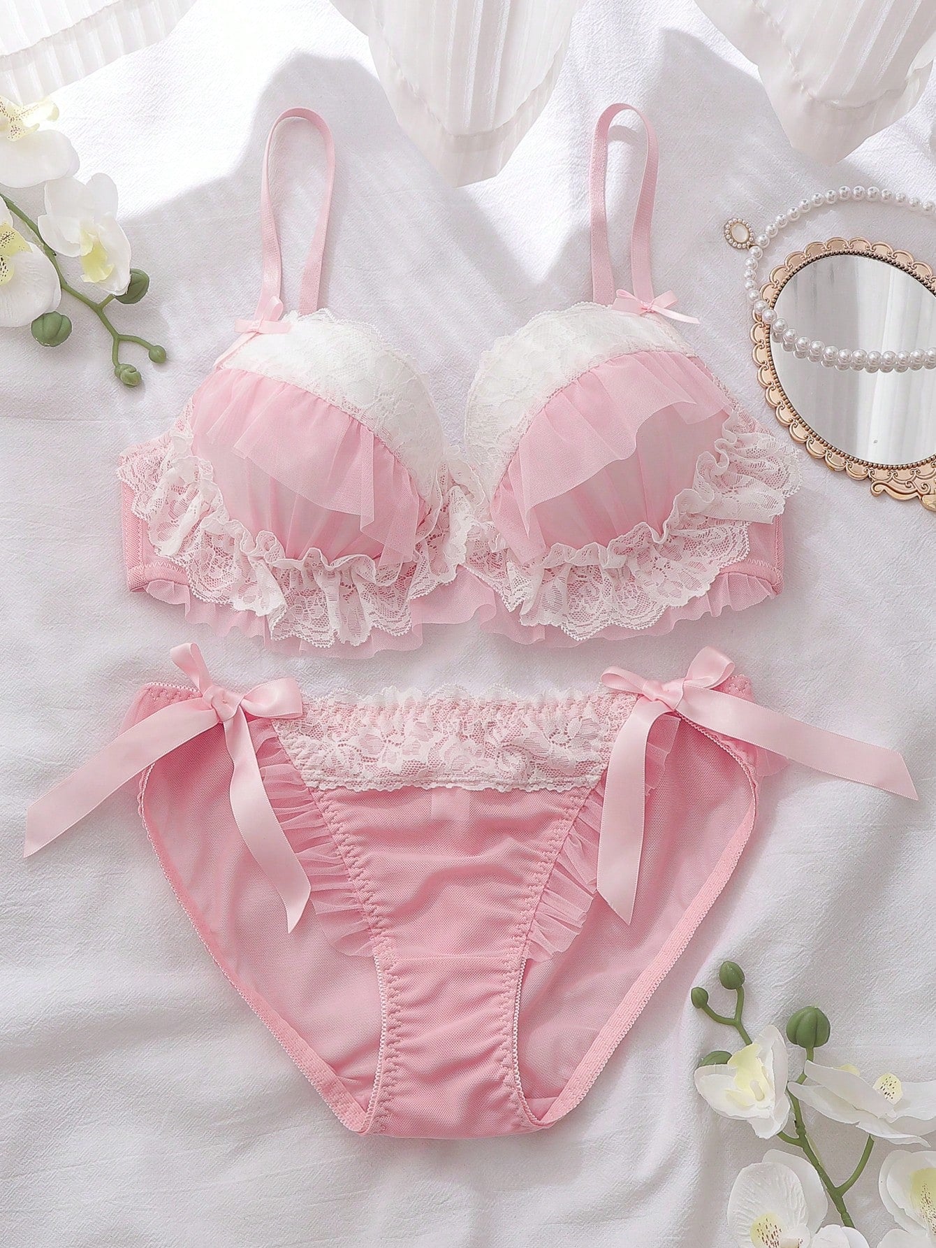Pink,Summer,Cute,Wedding Guest Women Lingerie Set,Underwire Molded Cup Balconette Push Up Bra,Support,Gather & Lift,Ruffle Trim,Bow Decor,Lace & Mesh