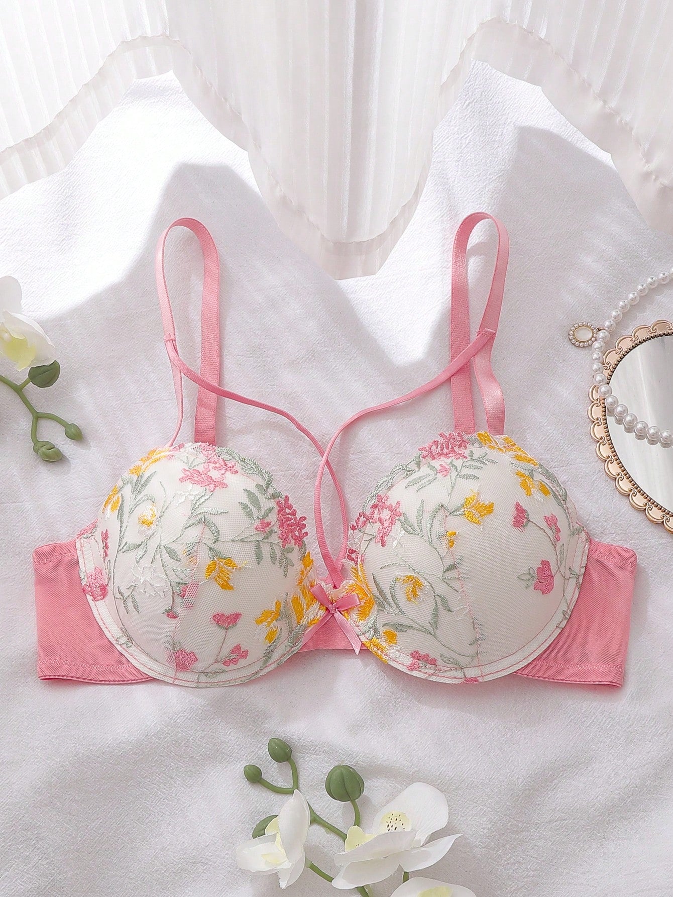 Pink Comfy Balconette Bra With Underwire, Molded Cup, High-Support, Lift & Cleavage, Embroidered Floral Pattern, Romantic & Elegant, Cute Style Women's Lingerie