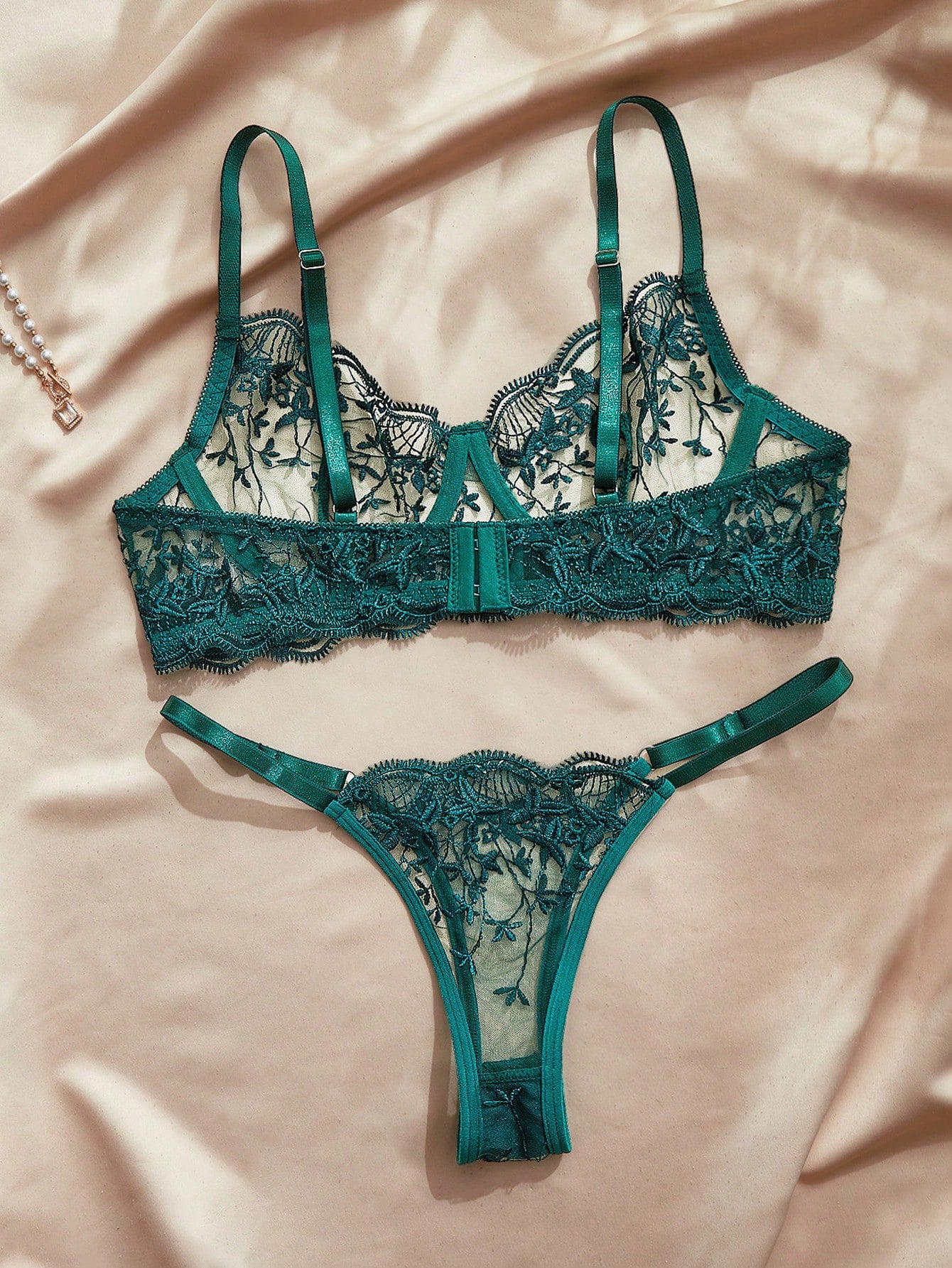 Embroidered sheer mesh demi bra and low-rise thong lingerie set with plant pattern and adjustable spaghetti straps