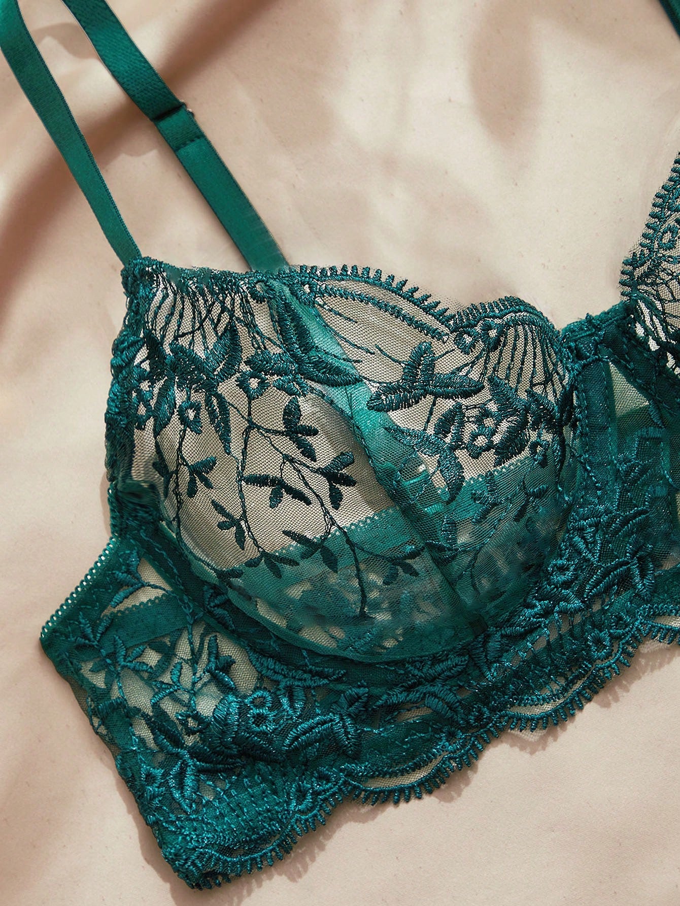 Embroidered sheer mesh demi bra and low-rise thong lingerie set with plant pattern and adjustable spaghetti straps