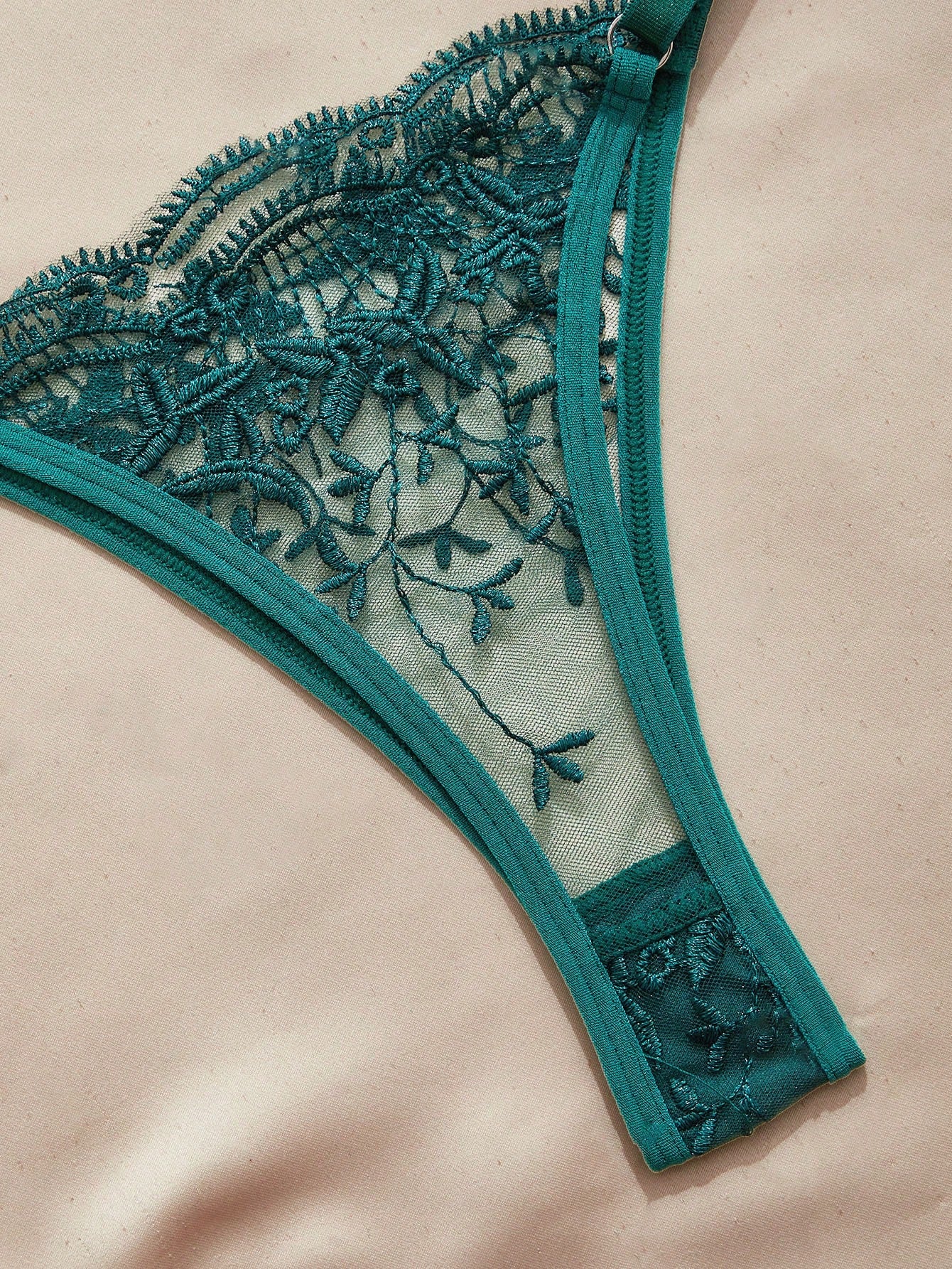 Embroidered sheer mesh demi bra and low-rise thong lingerie set with plant pattern and adjustable spaghetti straps