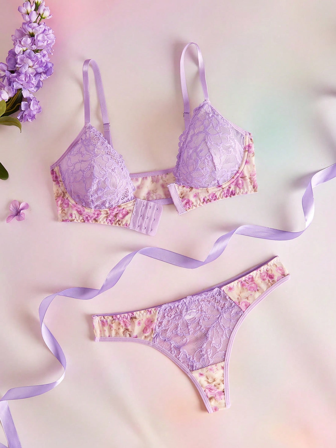 Beige Romantic Floral Print Sexy Lace Lingerie Set, Women's Underwire Push-Up Front Closure Bra And Panty 2pcs Summer