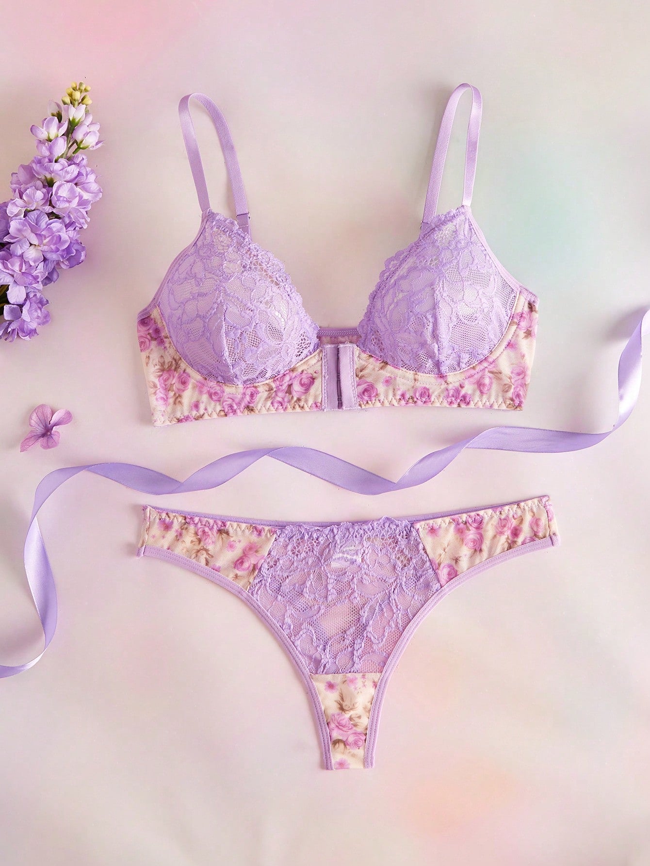 Beige Romantic Floral Print Sexy Lace Lingerie Set, Women's Underwire Push-Up Front Closure Bra And Panty 2pcs Summer