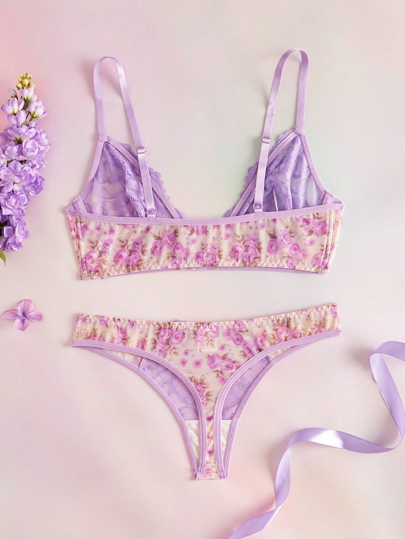 Beige Romantic Floral Print Sexy Lace Lingerie Set, Women's Underwire Push-Up Front Closure Bra And Panty 2pcs Summer