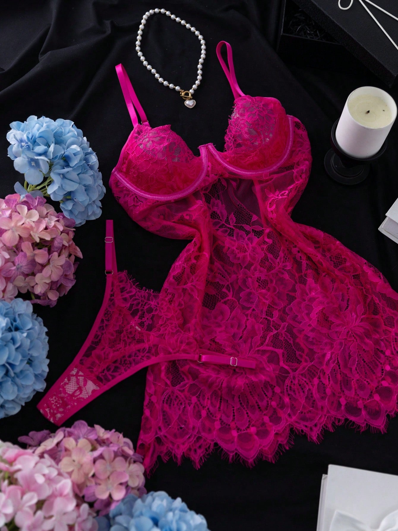 2pcs Lace Underwire Sheer Sexy Nightgown Set