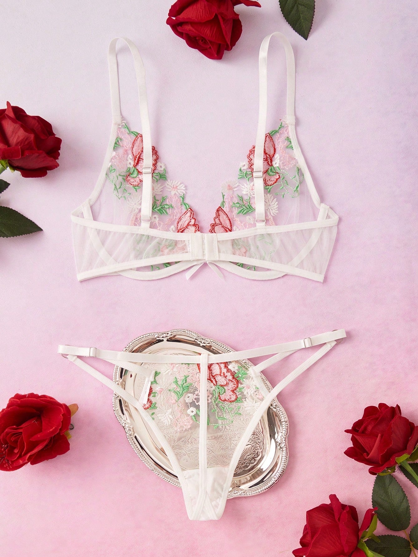 2pcs Women's Sexy Embroidered Deep V Bra And Panty Set, Adjustable Straps, Thin Lingerie Set Intimate Summer