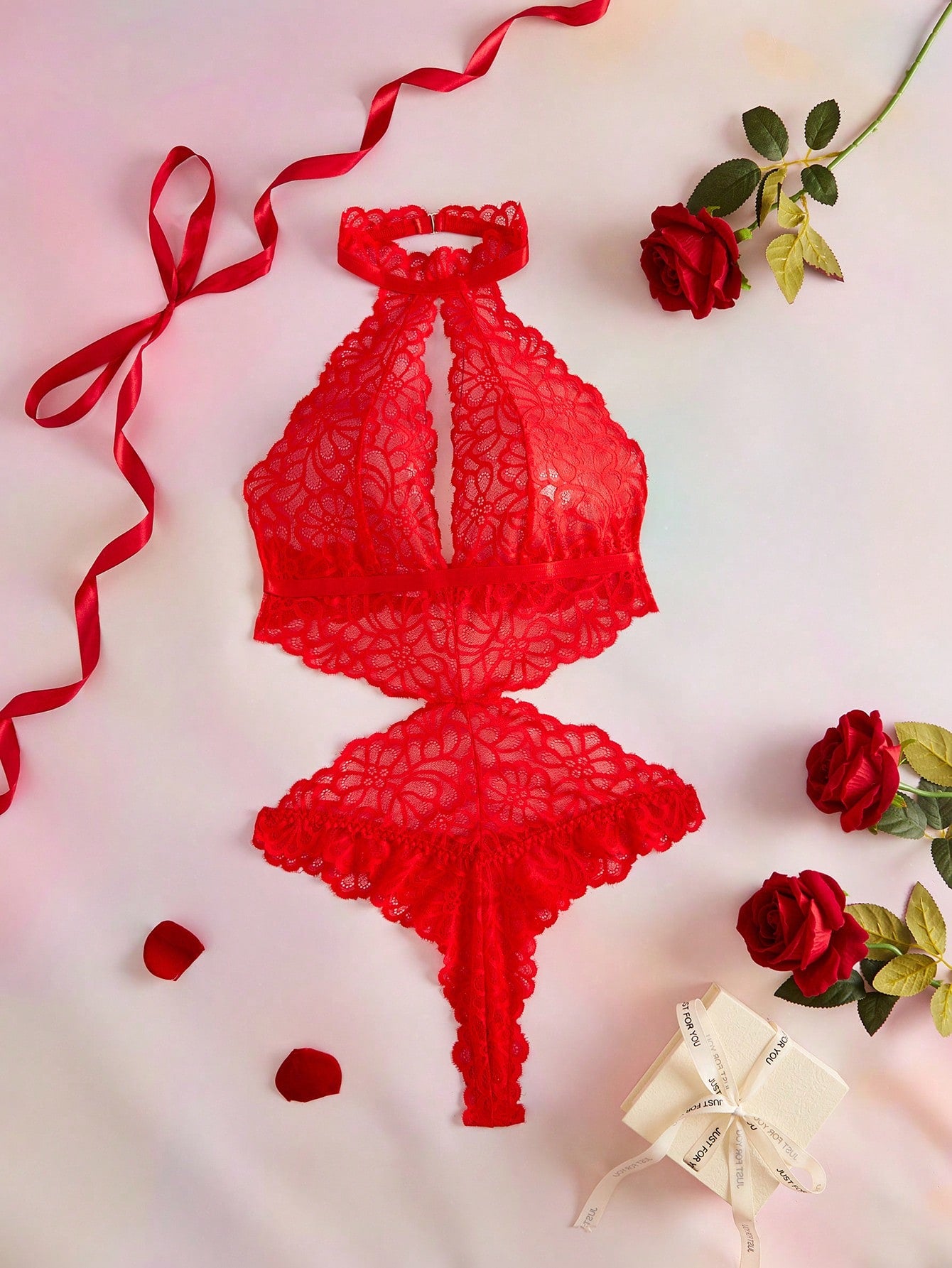 Women's Floral Lace Hollow-Out Halter Sexy Bodysuit