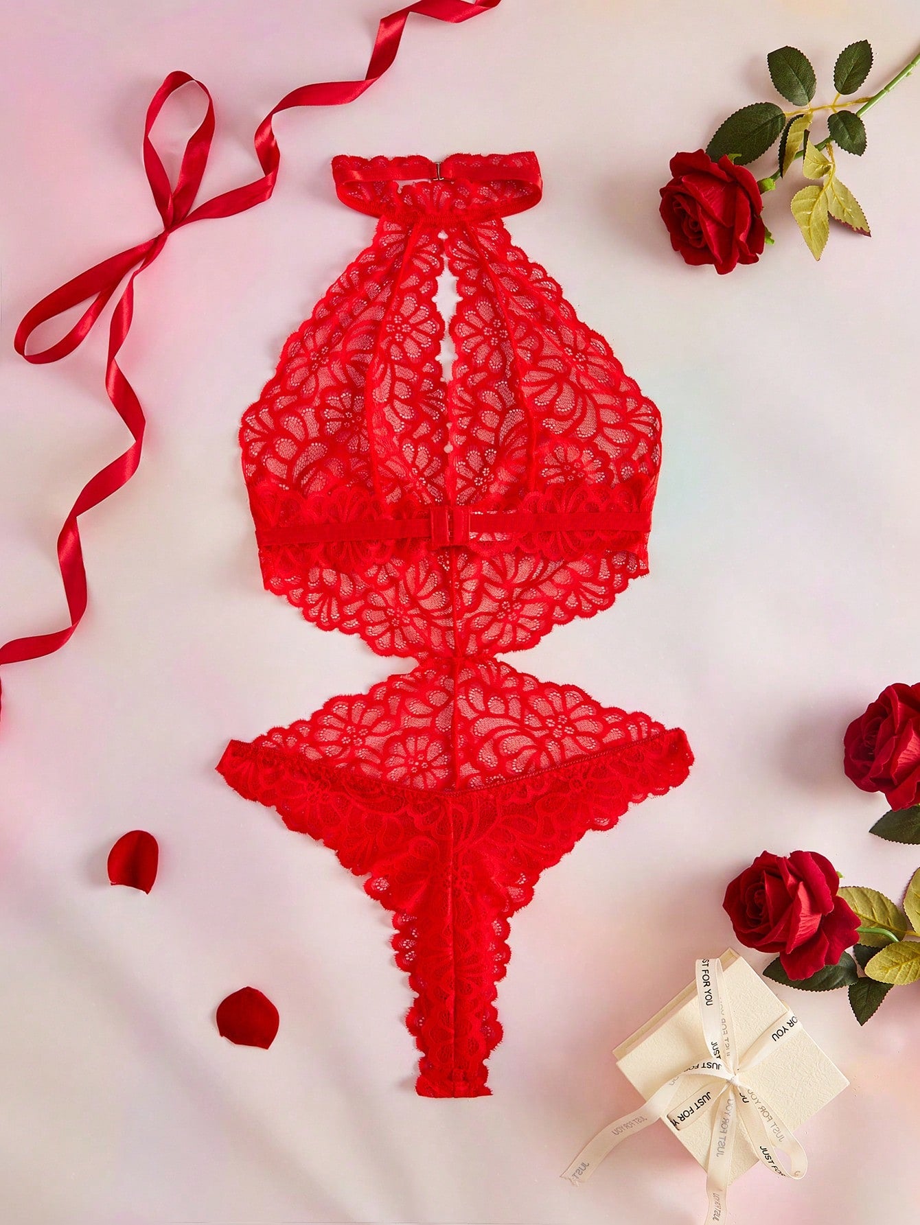 Women's Floral Lace Hollow-Out Halter Sexy Bodysuit