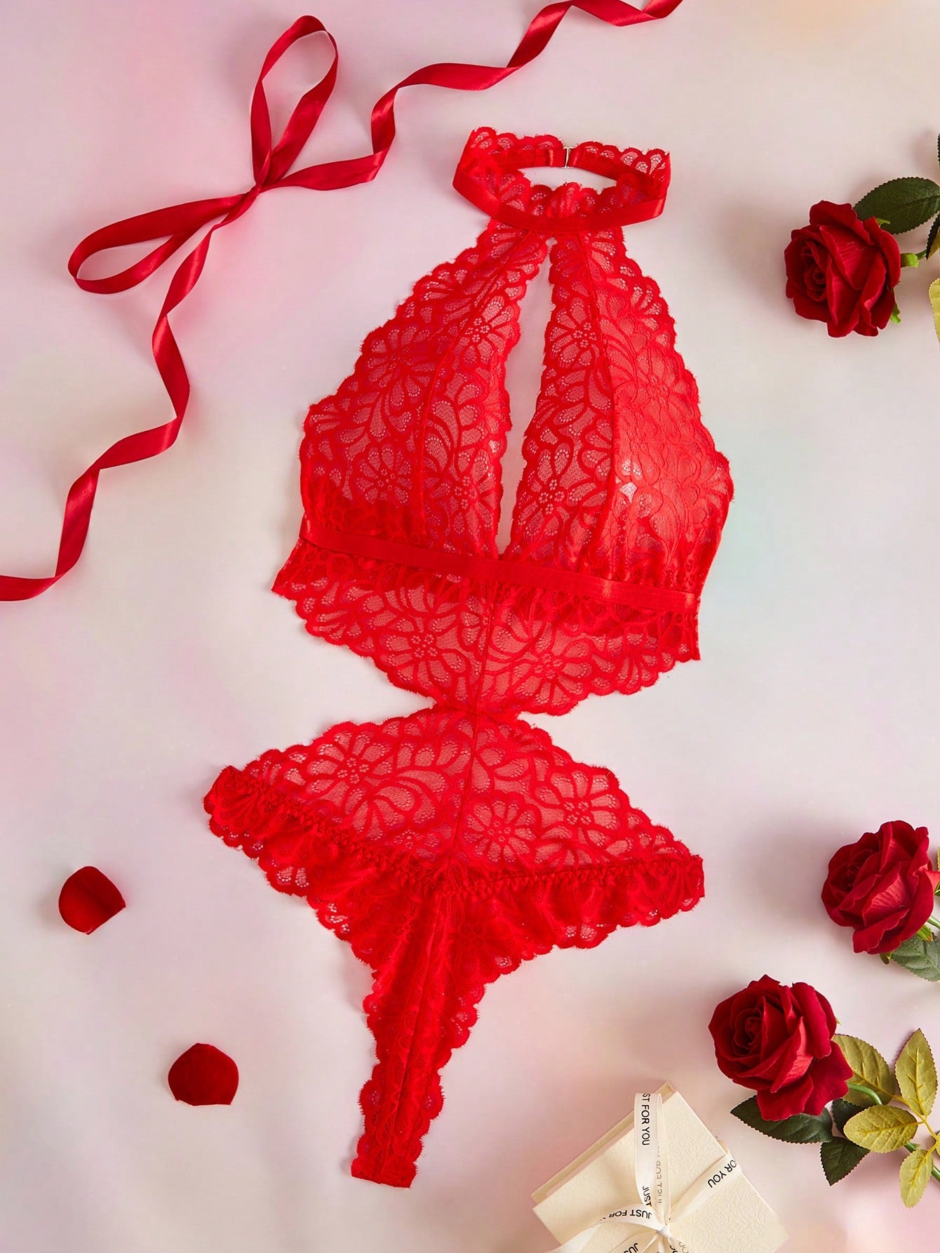 Women's Floral Lace Hollow-Out Halter Sexy Bodysuit
