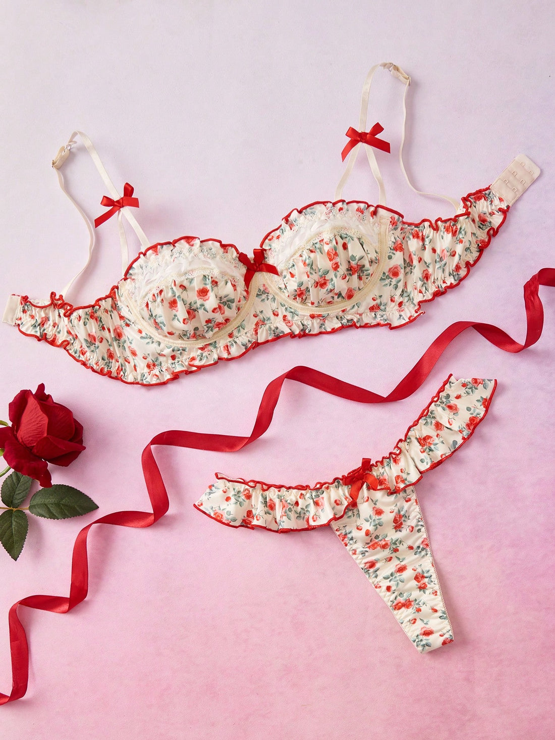 Women's Floral Frill Trim Bow Decor Fashion Cute Lingerie Set Summer