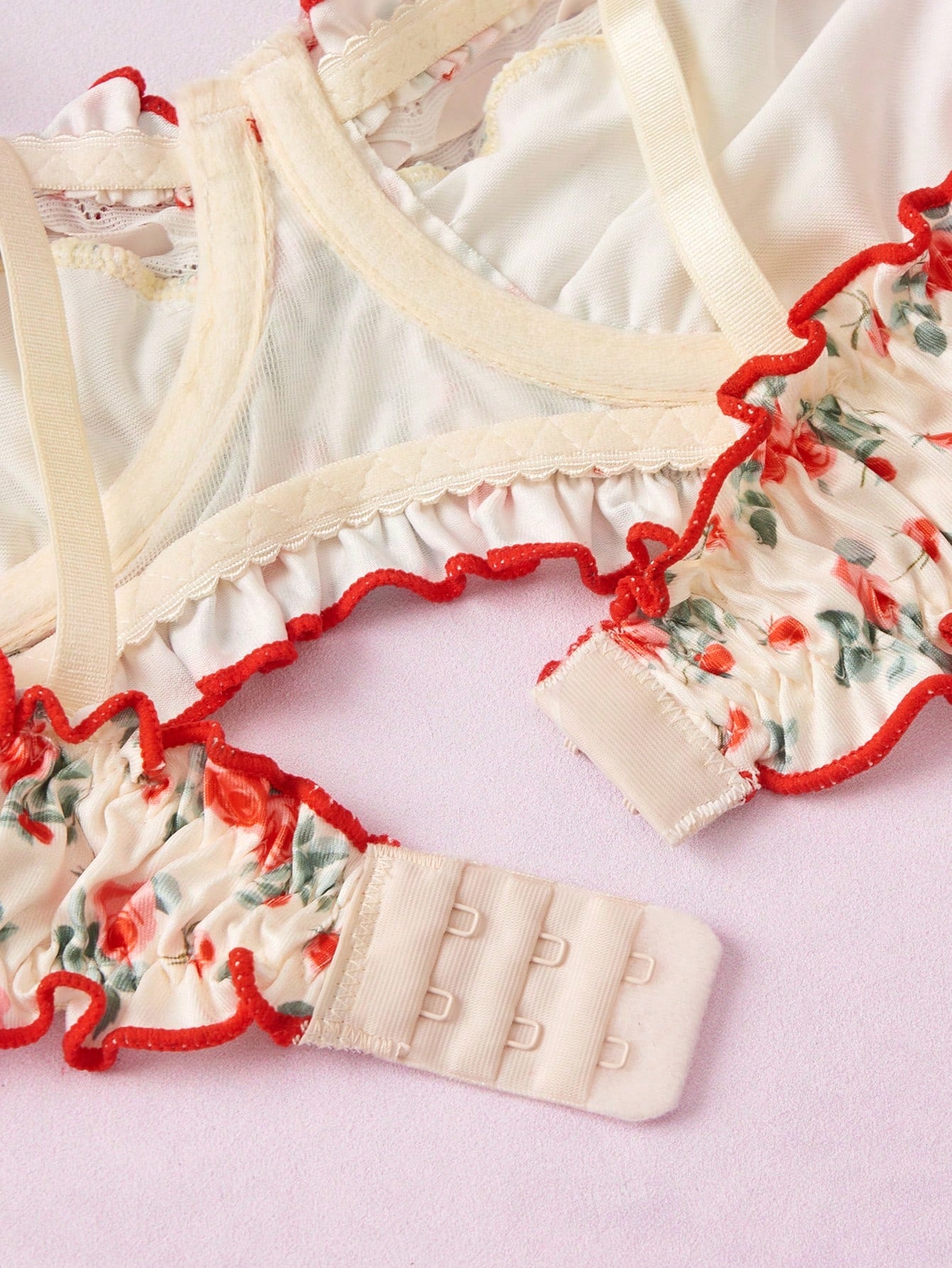 Women's Floral Frill Trim Bow Decor Fashion Cute Lingerie Set Summer