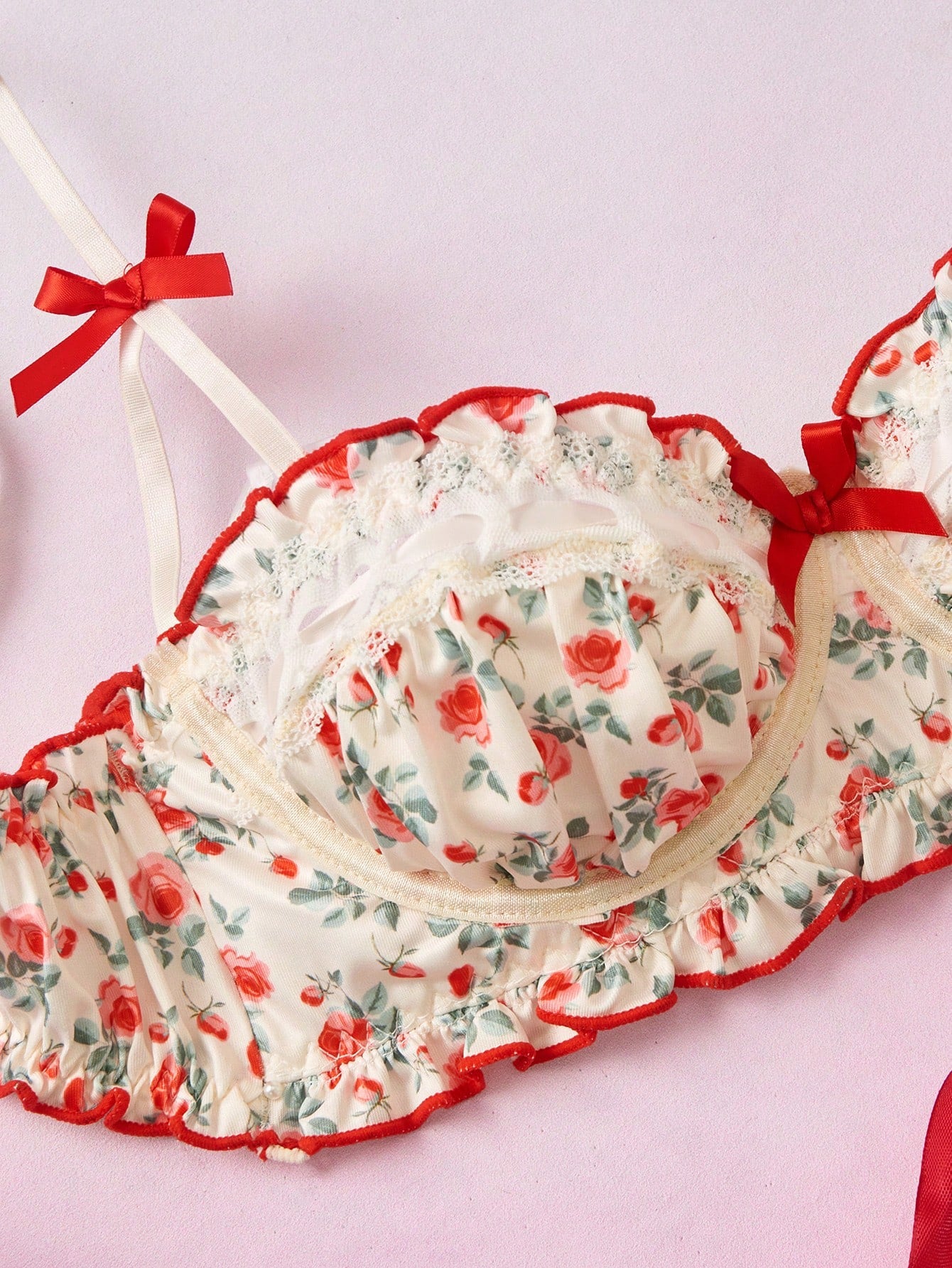 Women's Floral Frill Trim Bow Decor Fashion Cute Lingerie Set Summer