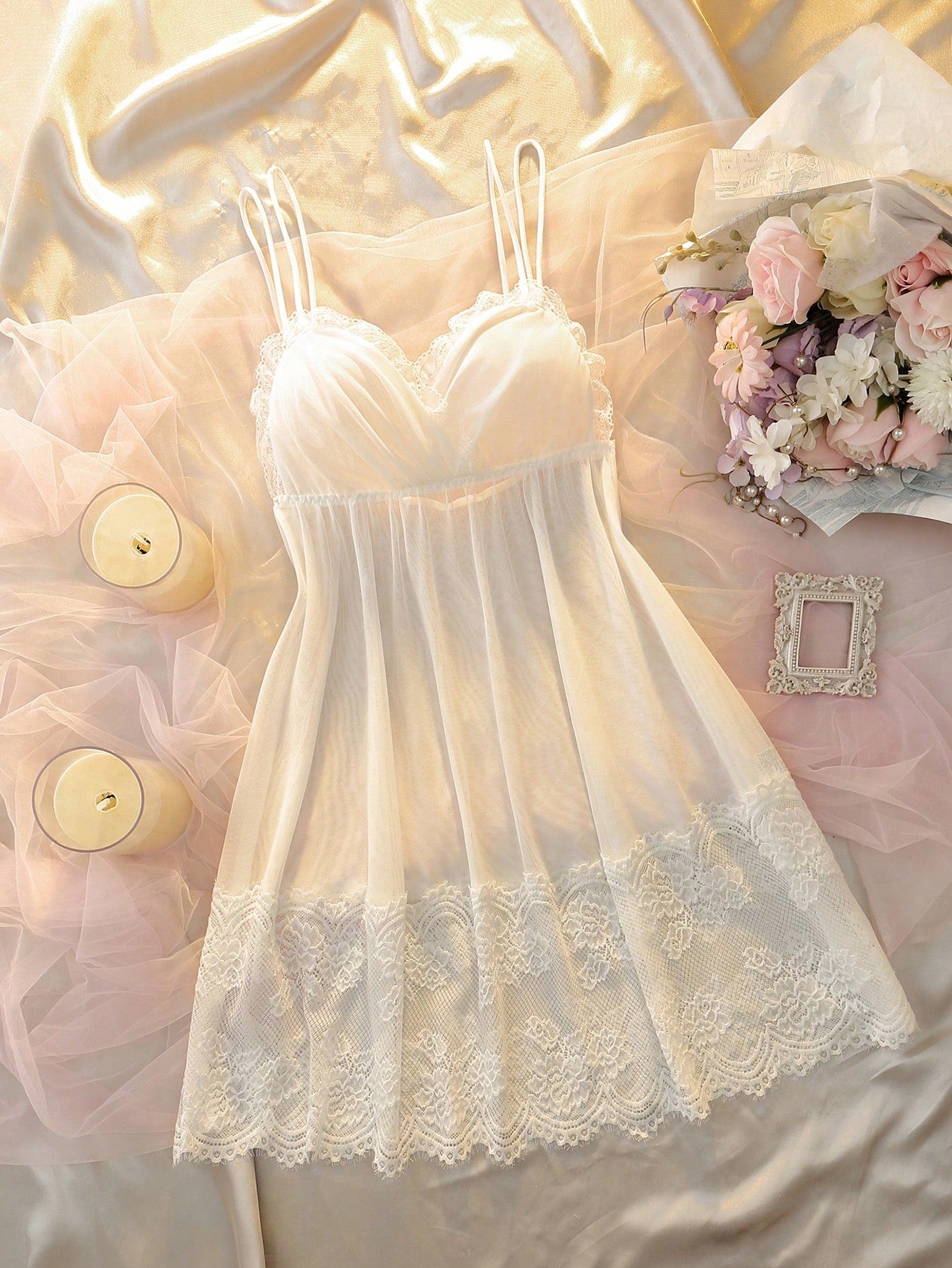 White Mesh Splice A-Line Hem Deep V Neck Ruffle Sheer Elegant Charming Romantic Ladies Nightgown