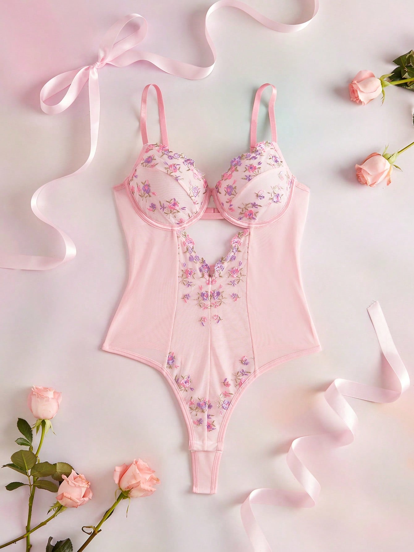 Pink Mesh Patchwork Embroidered Floral Sheer Deep V Slimming Crotch Opening Romantic Countryside Women's Lingerie Jumpsuit