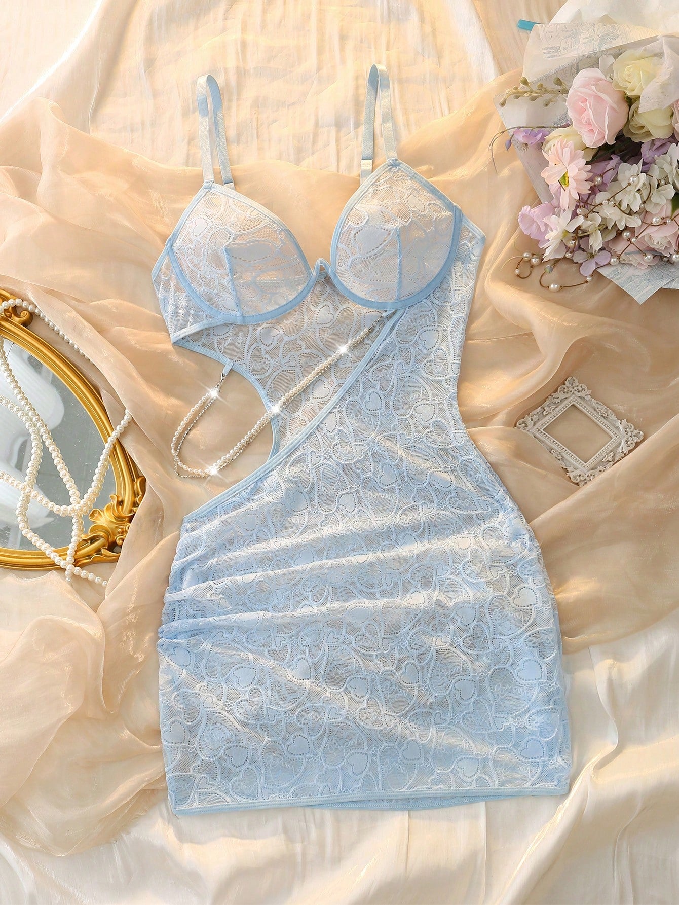 Light Blue Lace Patchwork Hollow-Out Pearl Chain Shiny Elegant Nightgown For Women