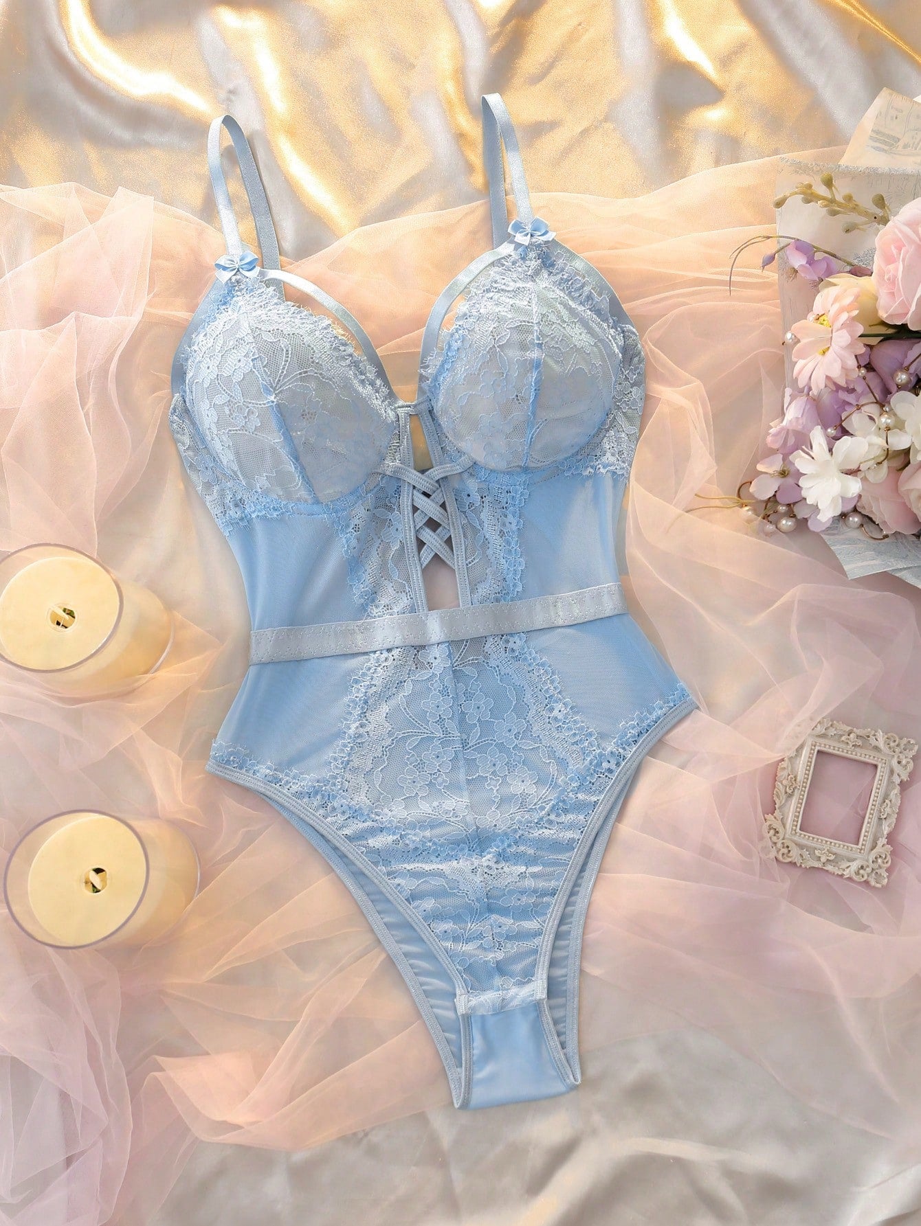 Pale Blue Lace Patchwork, Mesh Criss-Cross Straps, Deep V-Neck, Sheer, Paneled, Waist-Cinching, & Elegant Women's Bodysuit