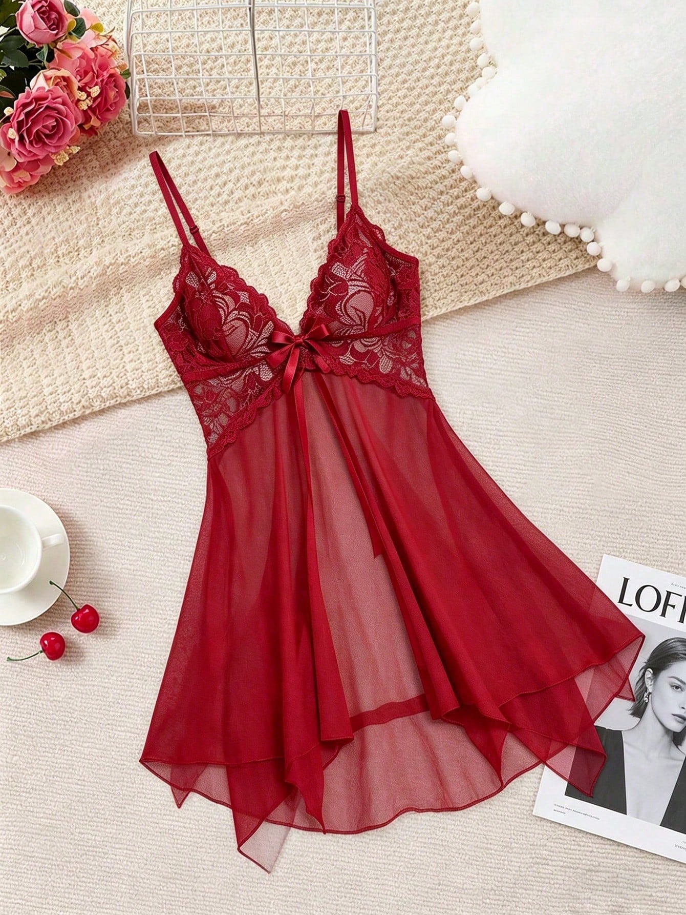 Local2Pcs Women's Sleepshirts, Lace Lingerie, Semi-Transparent V-Neck, Backless Tulle Nightgown With Sheer Contrast Lace & Thong