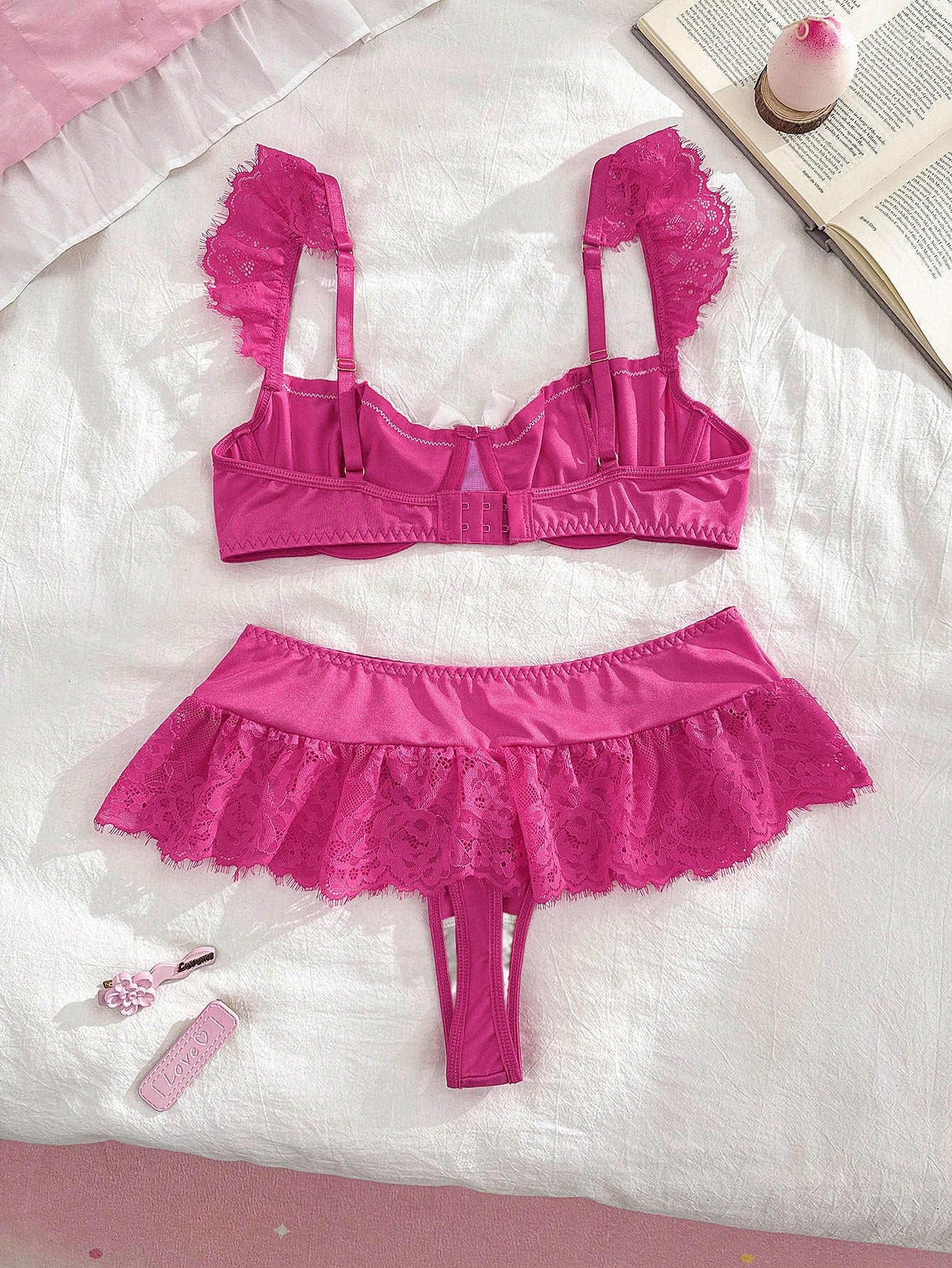 Lace Patchwork Women's Lingerie Set (Women's Bra, Low-Waist Mini Skirt Style Thong 2pcs Set)