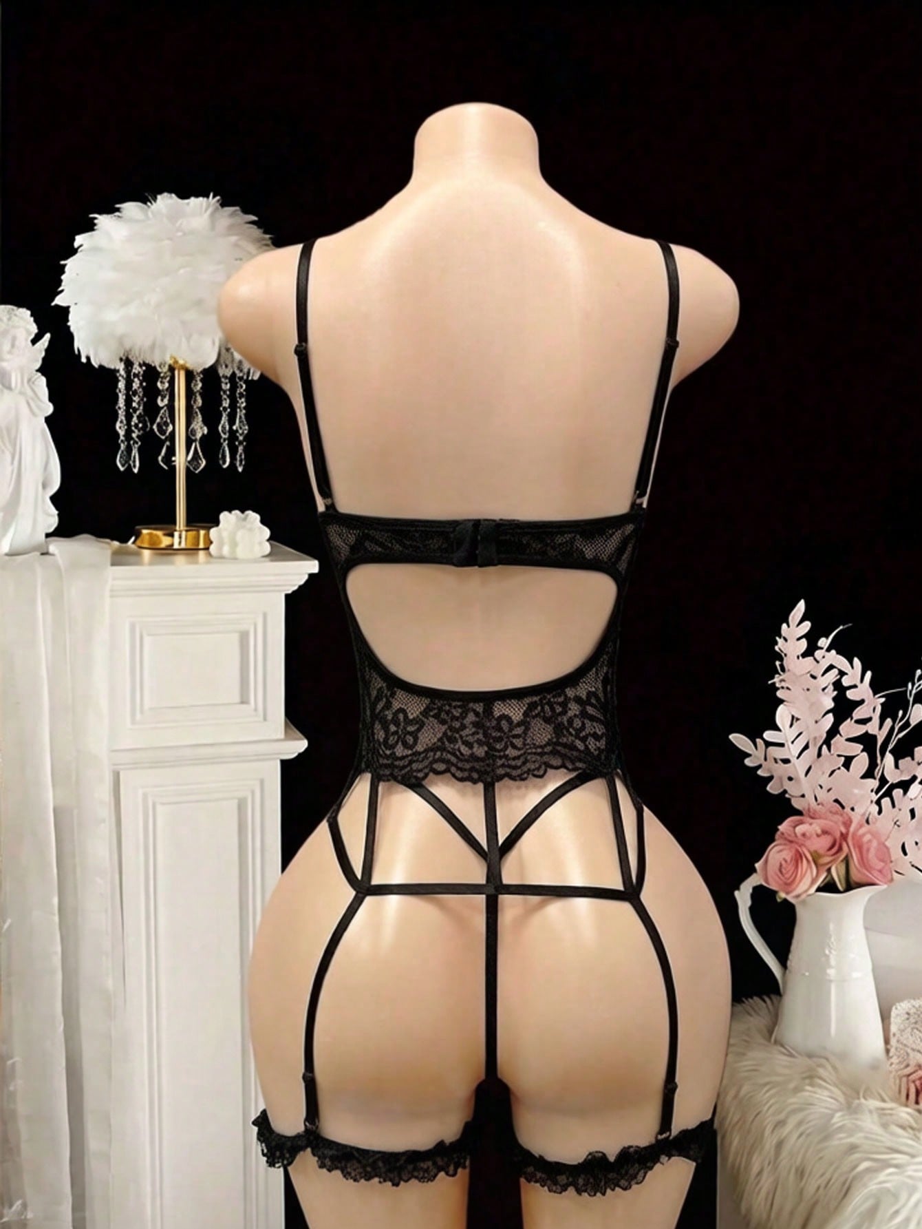 1 Set Women's Black Lace Sexy Mesh Splice Bodycon Lingerie Set, Sexy Underwear Set, Sleepwear, Valentine's Day, Sexy Lingerie