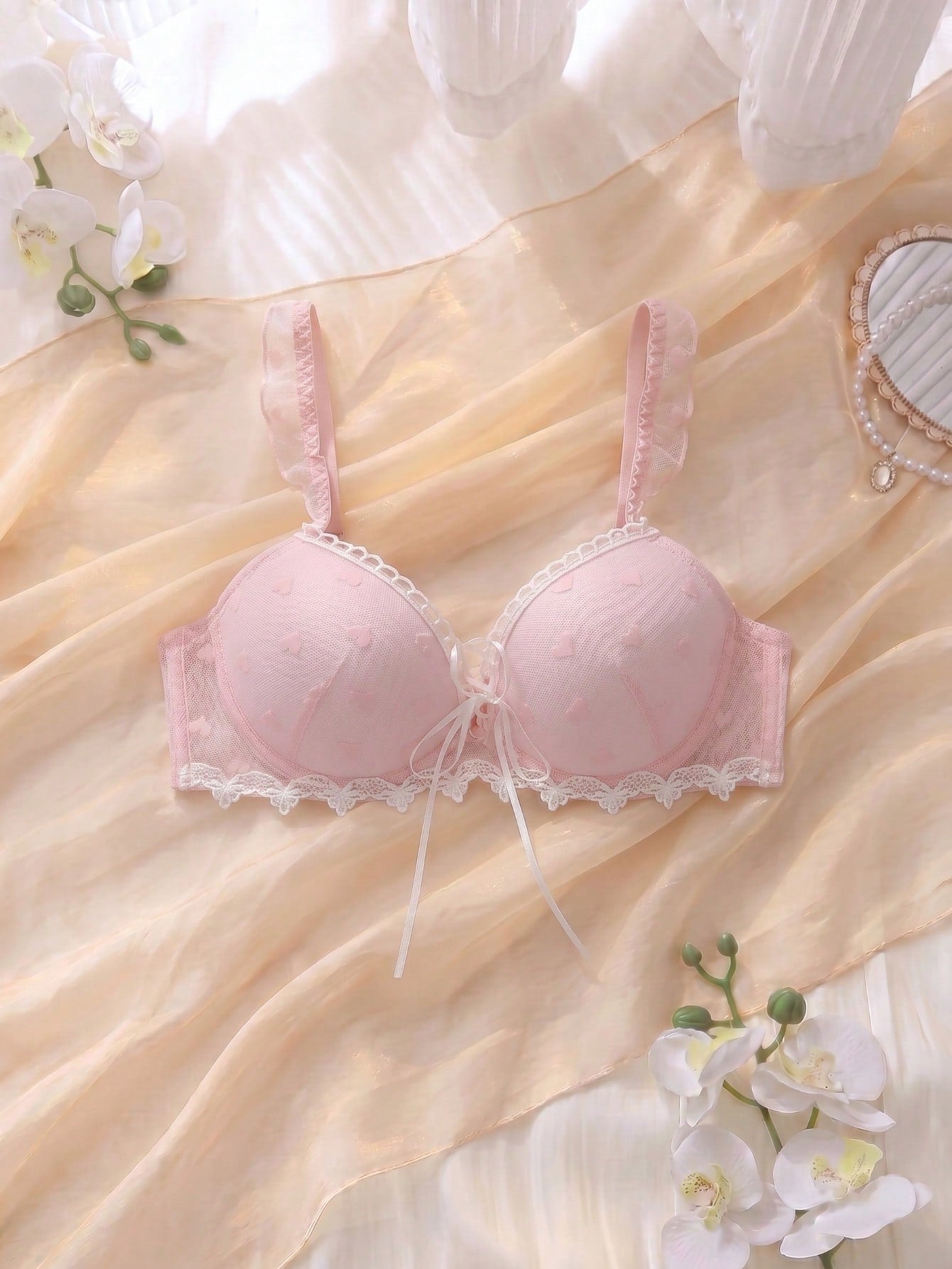 3/4 Cup Push Up Bra With Criss-Cross Straps, Bow Accent, Heart-Shaped Sheer Panel, Floral Embroidery, Ruffle Trim
