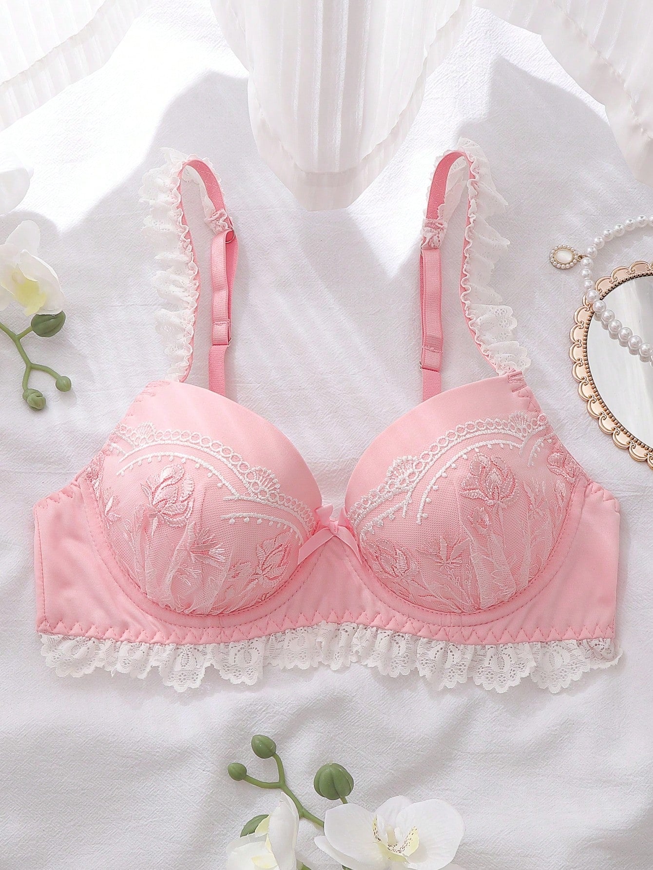 Women's Floral Embroidery Bow Decor Comfortable Bra