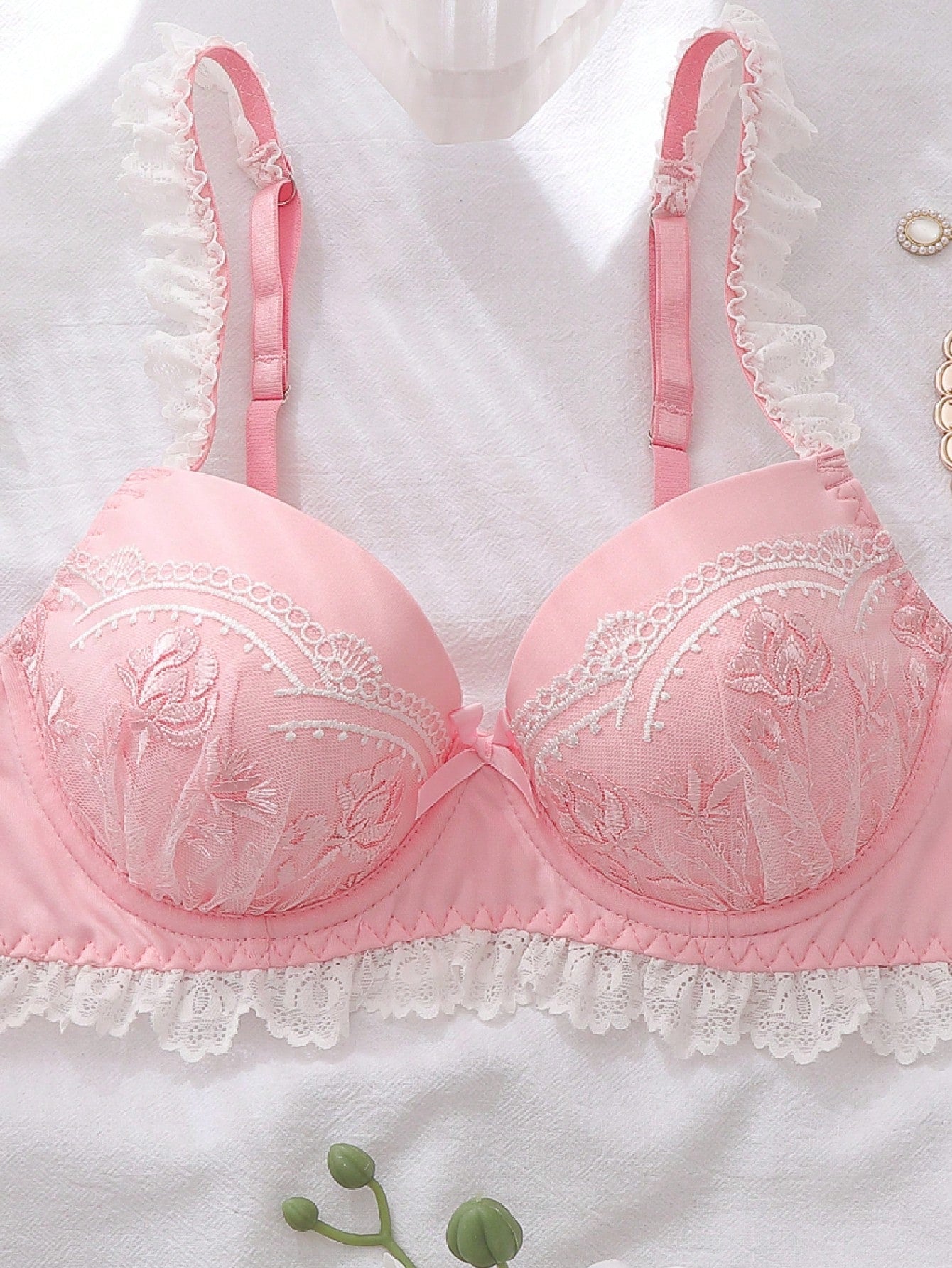 Women's Floral Embroidery Bow Decor Comfortable Bra