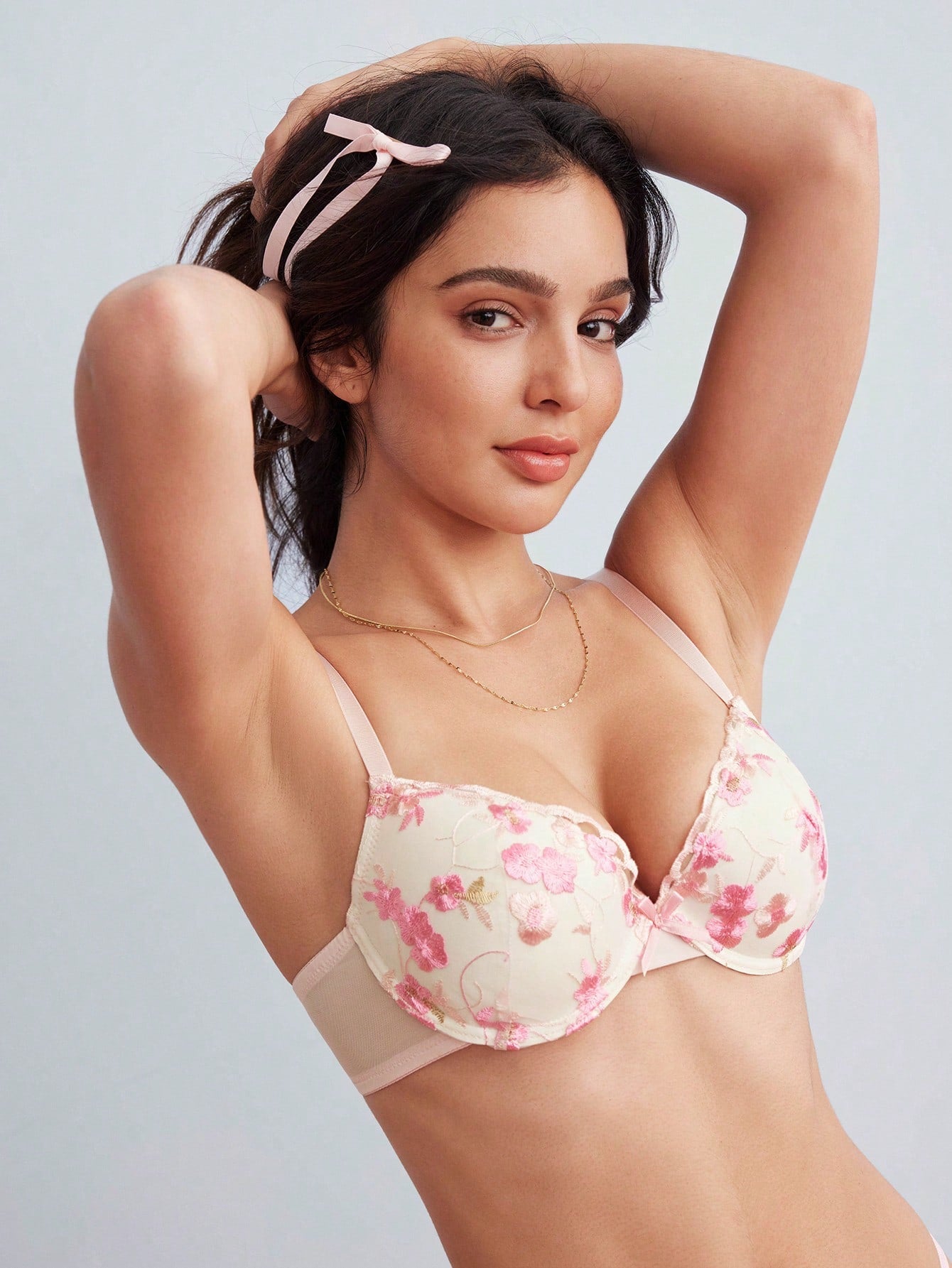 2pcs Hot Pink Underwire Molded Cup Comfy Balconette Push Up Embroidered Floral Pattern High Support Lift And Gather Romantic Cute Women's Lingerie Set