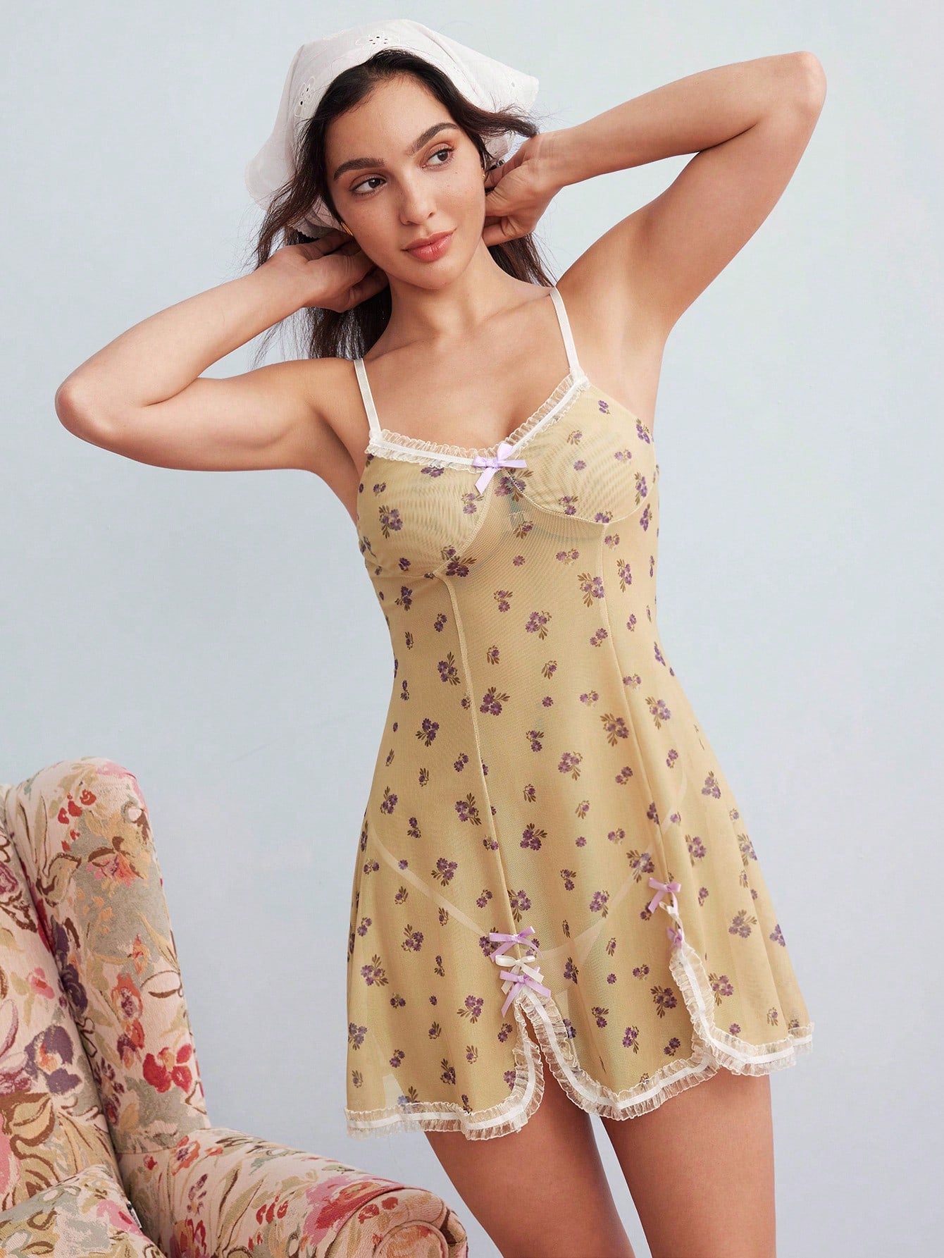 Romantic Cute Floral Lace Trim Knit Mesh Camisole Mini Women's Nightgown Home Nuit Sleep Purple Floral Summer