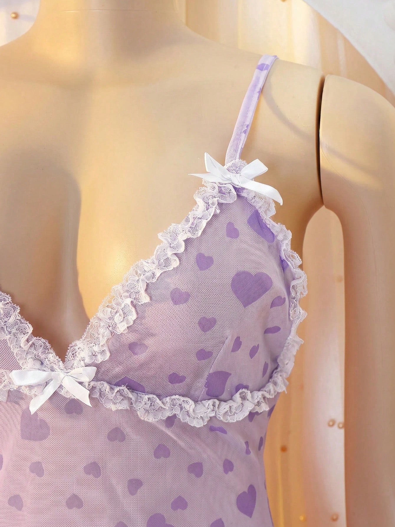 Women's Sexy Casual Elegant Minimalist Sexy Heart Mesh Print Lace Ruffle Hem Slit Cami Nightgown Bridal Night Wedding Guest Light Blue Summer