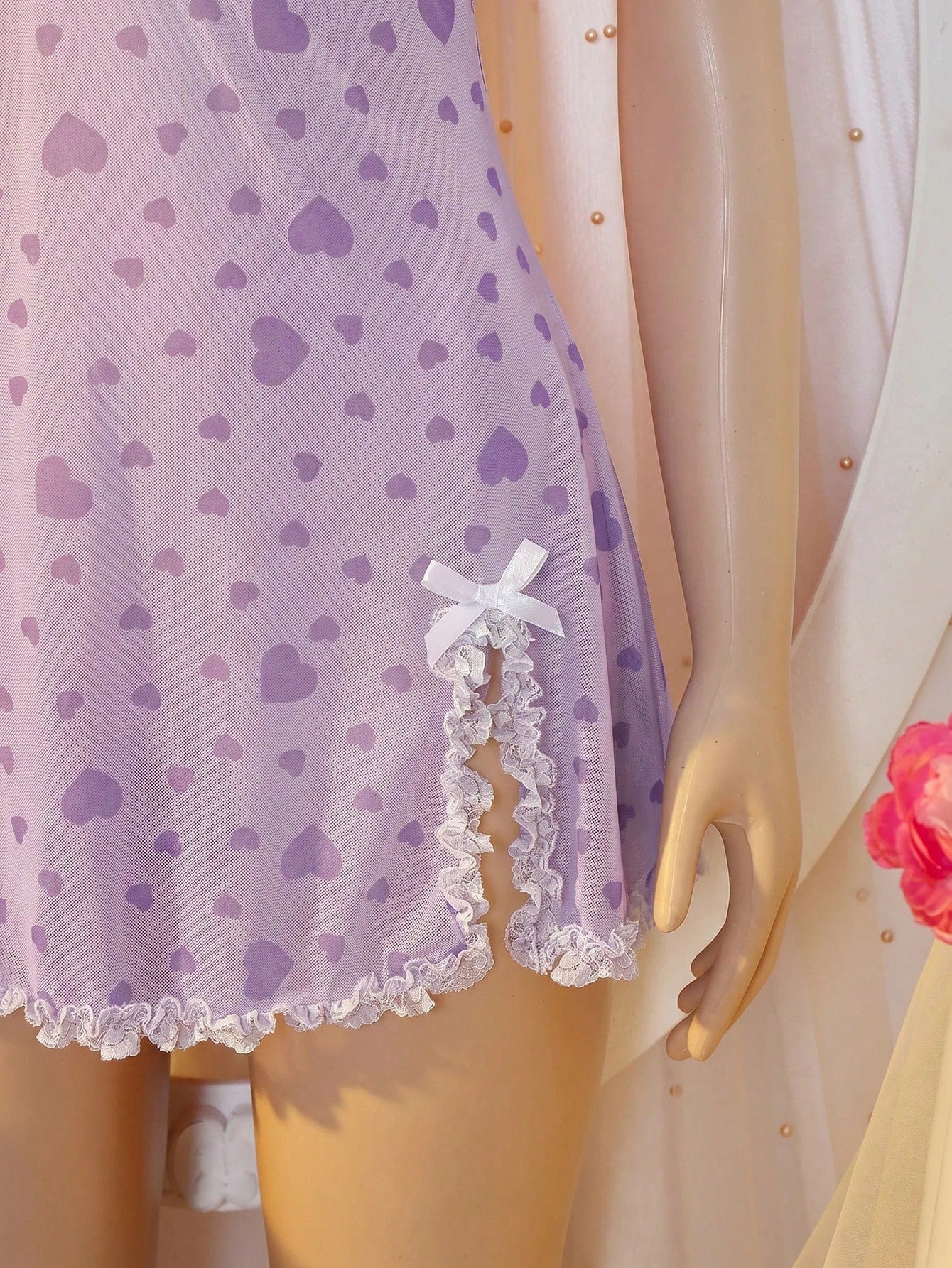 Women's Sexy Casual Elegant Minimalist Sexy Heart Mesh Print Lace Ruffle Hem Slit Cami Nightgown Bridal Night Wedding Guest Light Blue Summer