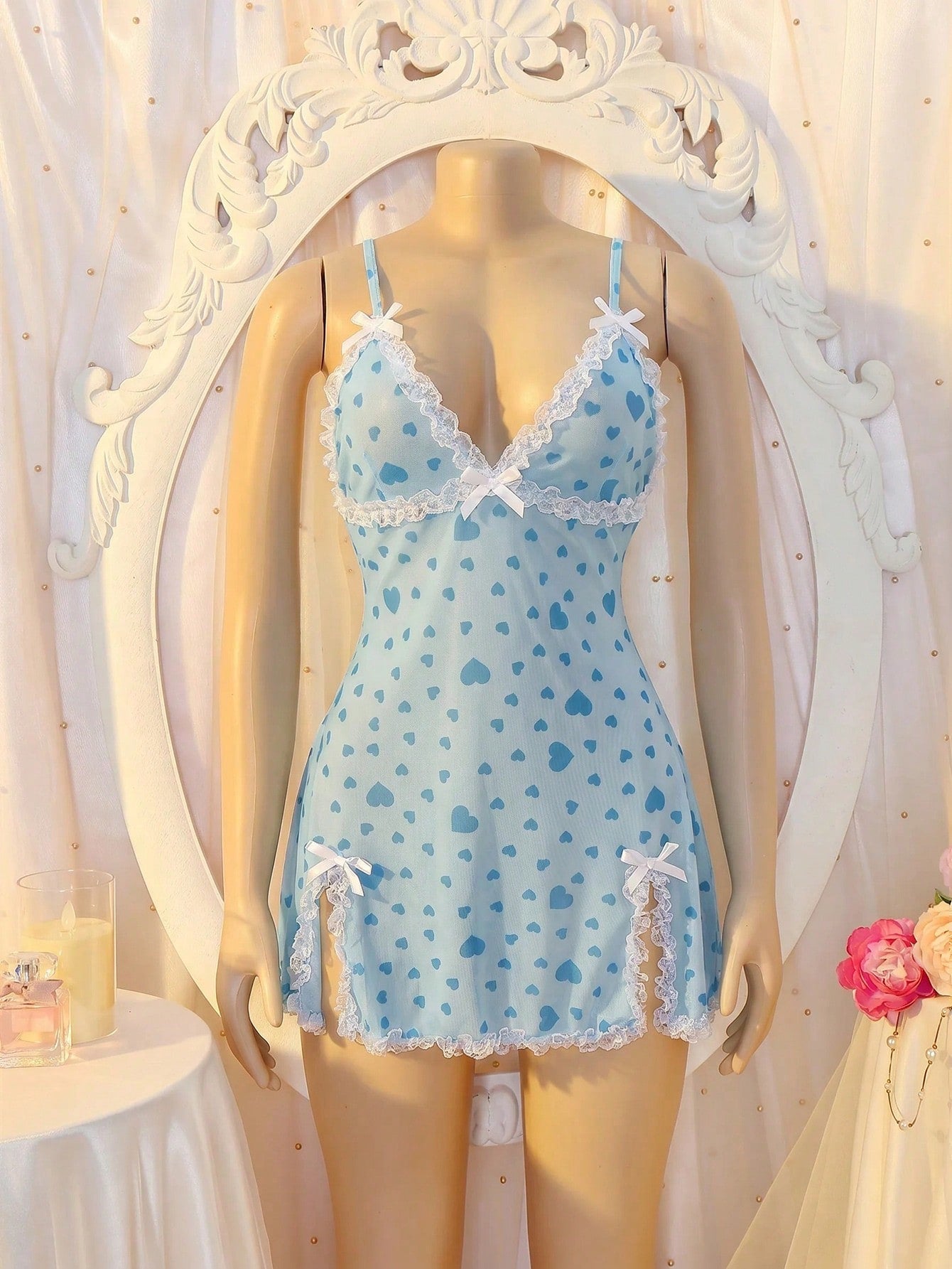 Women's Sexy Casual Elegant Minimalist Sexy Heart Mesh Print Lace Ruffle Hem Slit Cami Nightgown Bridal Night Wedding Guest Light Blue Summer