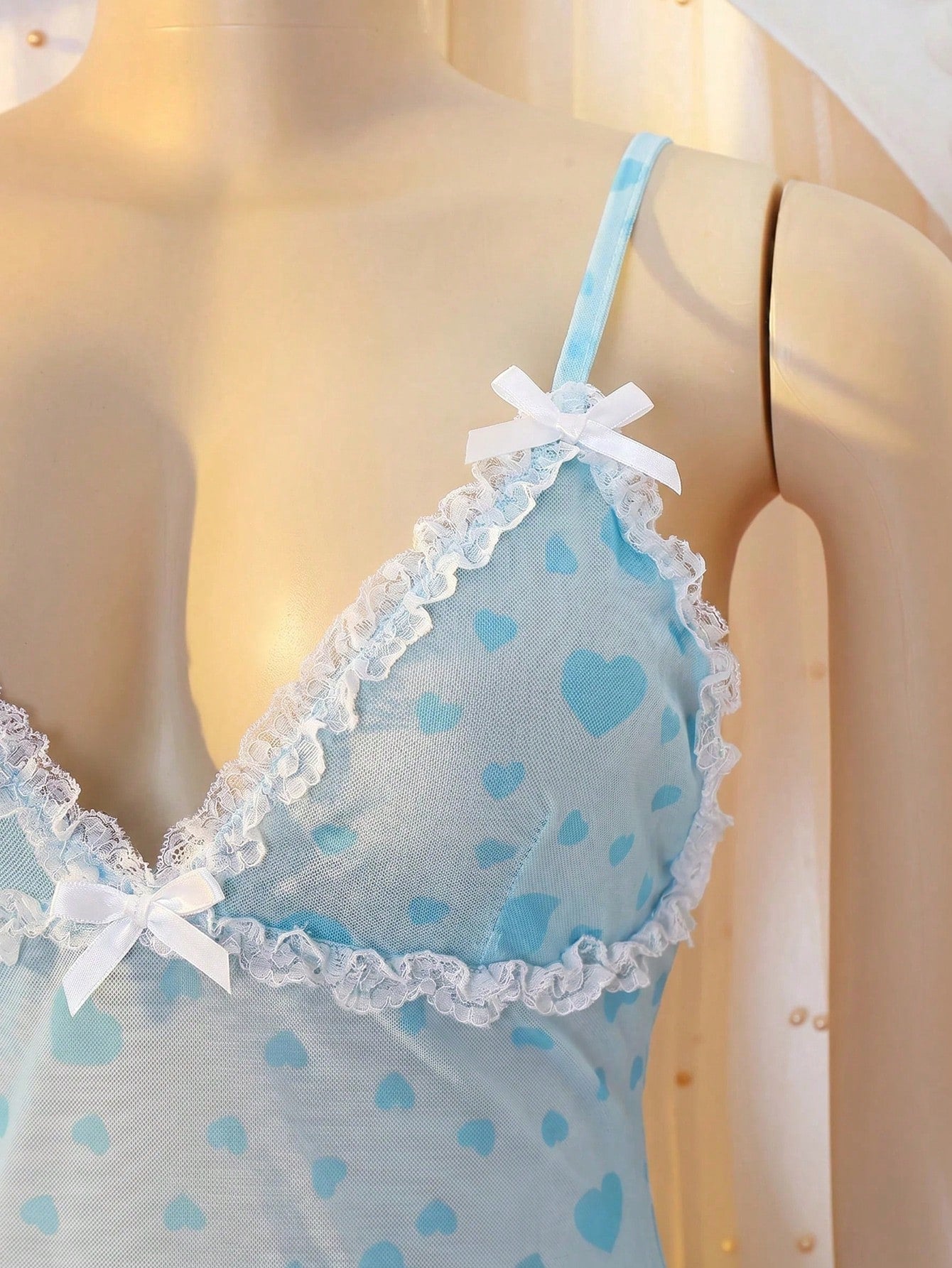 Women's Sexy Casual Elegant Minimalist Sexy Heart Mesh Print Lace Ruffle Hem Slit Cami Nightgown Bridal Night Wedding Guest Light Blue Summer
