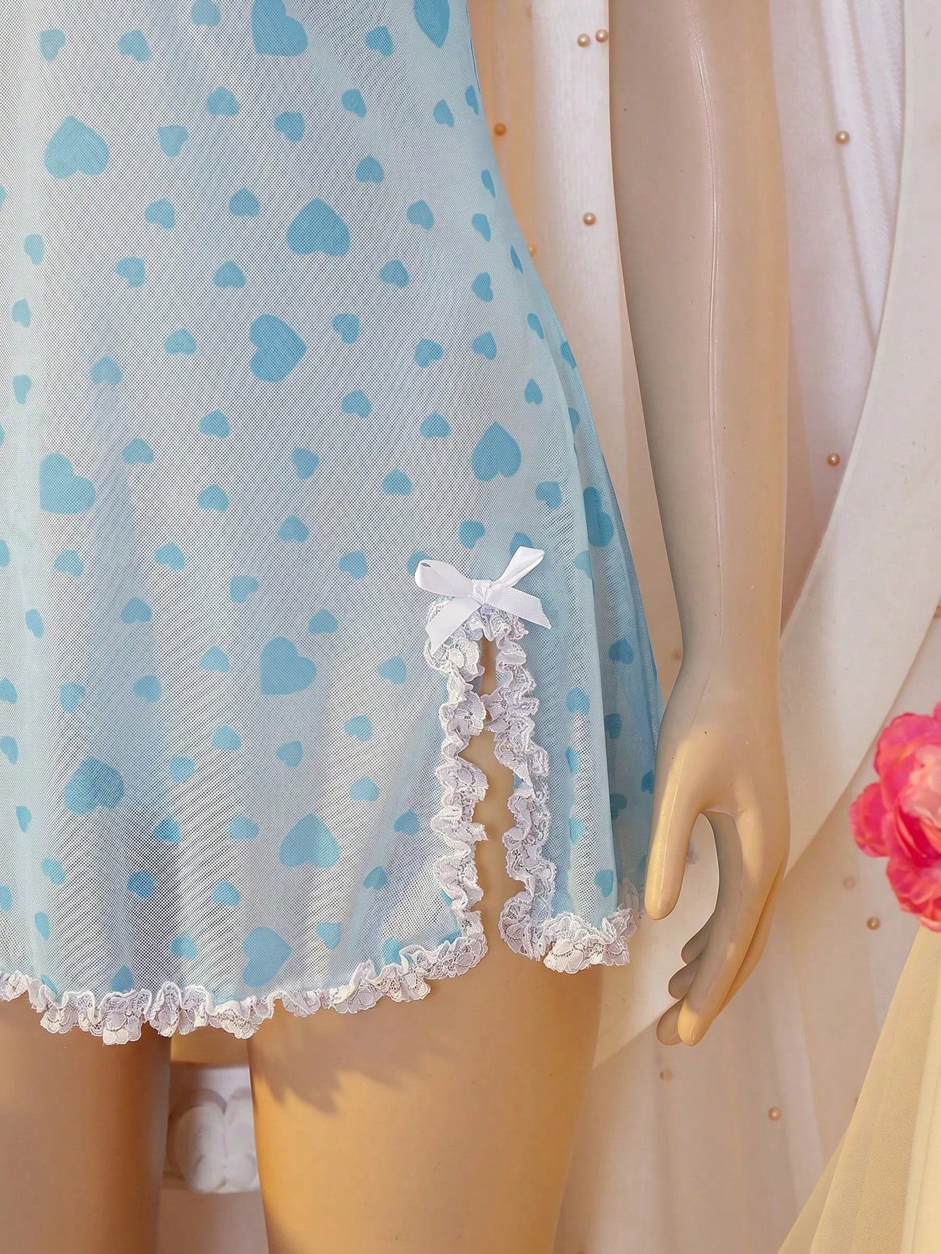 Women's Sexy Casual Elegant Minimalist Sexy Heart Mesh Print Lace Ruffle Hem Slit Cami Nightgown Bridal Night Wedding Guest Light Blue Summer