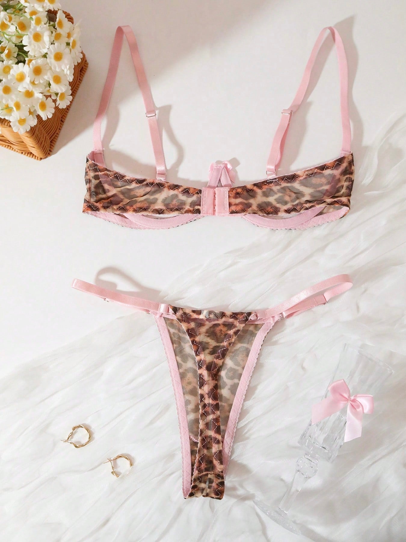 Sexy Lingerie Set For Women, Leopard Print Mesh Bra And Panty, Coffee Brown, Wild Party