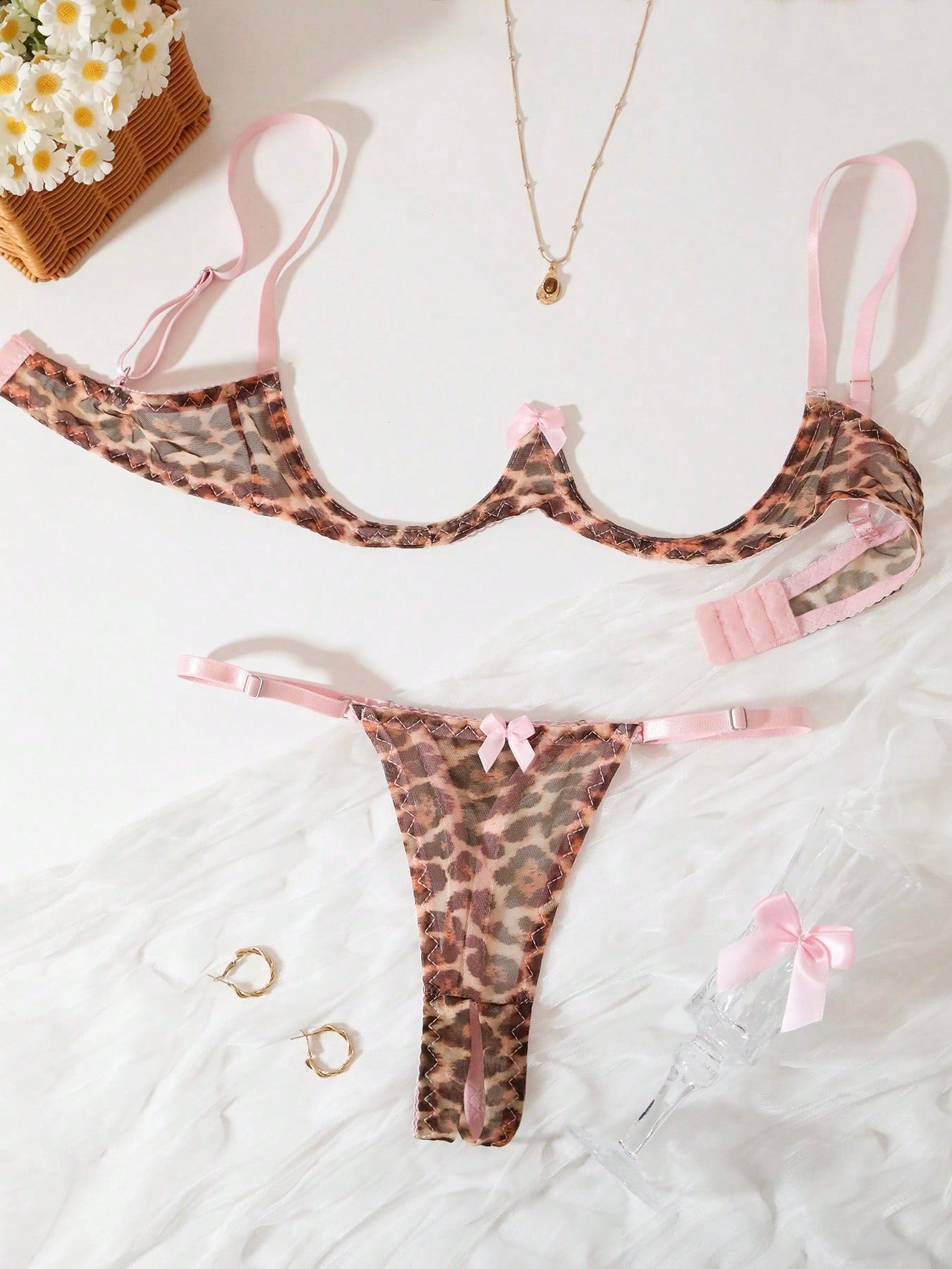 Sexy Lingerie Set For Women, Leopard Print Mesh Bra And Panty, Coffee Brown, Wild Party