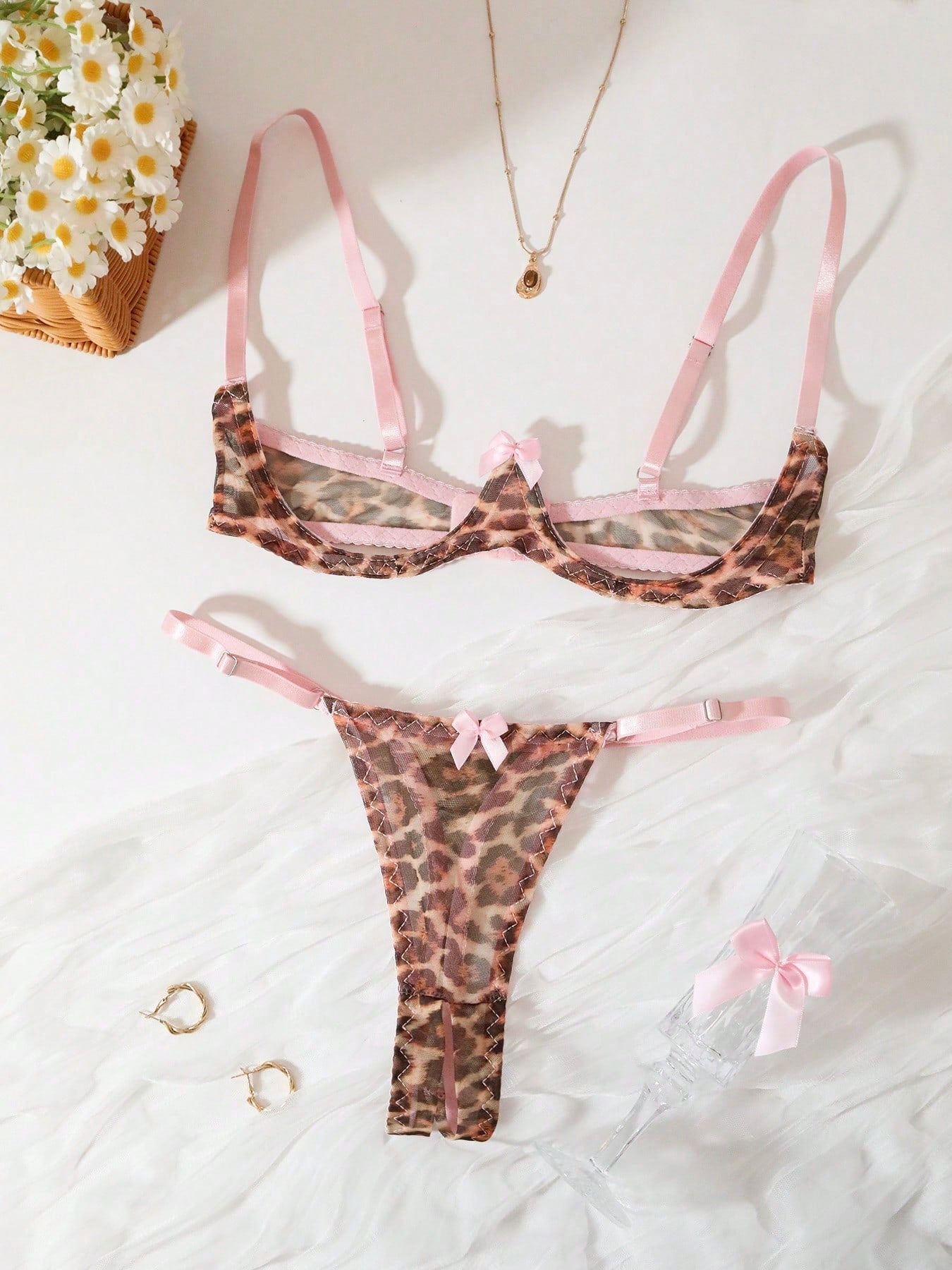 Sexy Lingerie Set For Women, Leopard Print Mesh Bra And Panty, Coffee Brown, Wild Party