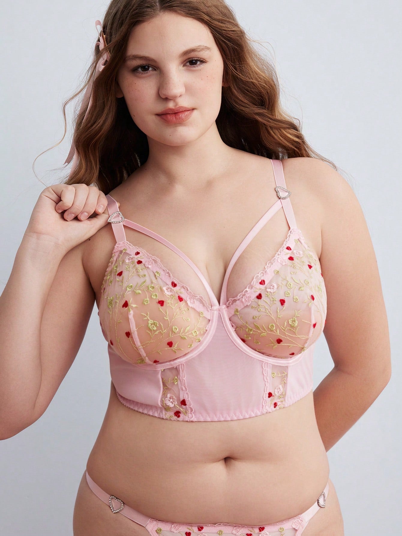 Plus Size Sweet Pastoral Romantic Embroidered Patchwork Mesh Top + Panty 2pcs Set