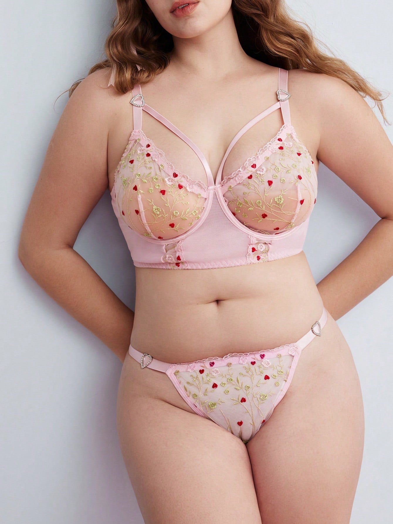 Plus Size Sweet Pastoral Romantic Embroidered Patchwork Mesh Top + Panty 2pcs Set