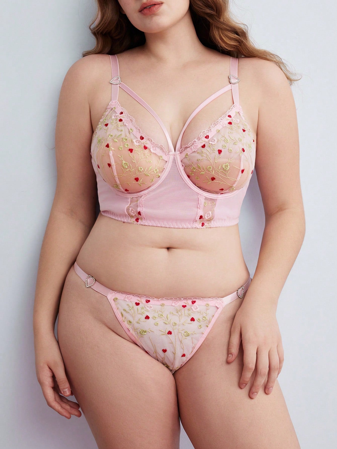 Plus Size Sweet Pastoral Romantic Embroidered Patchwork Mesh Top + Panty 2pcs Set
